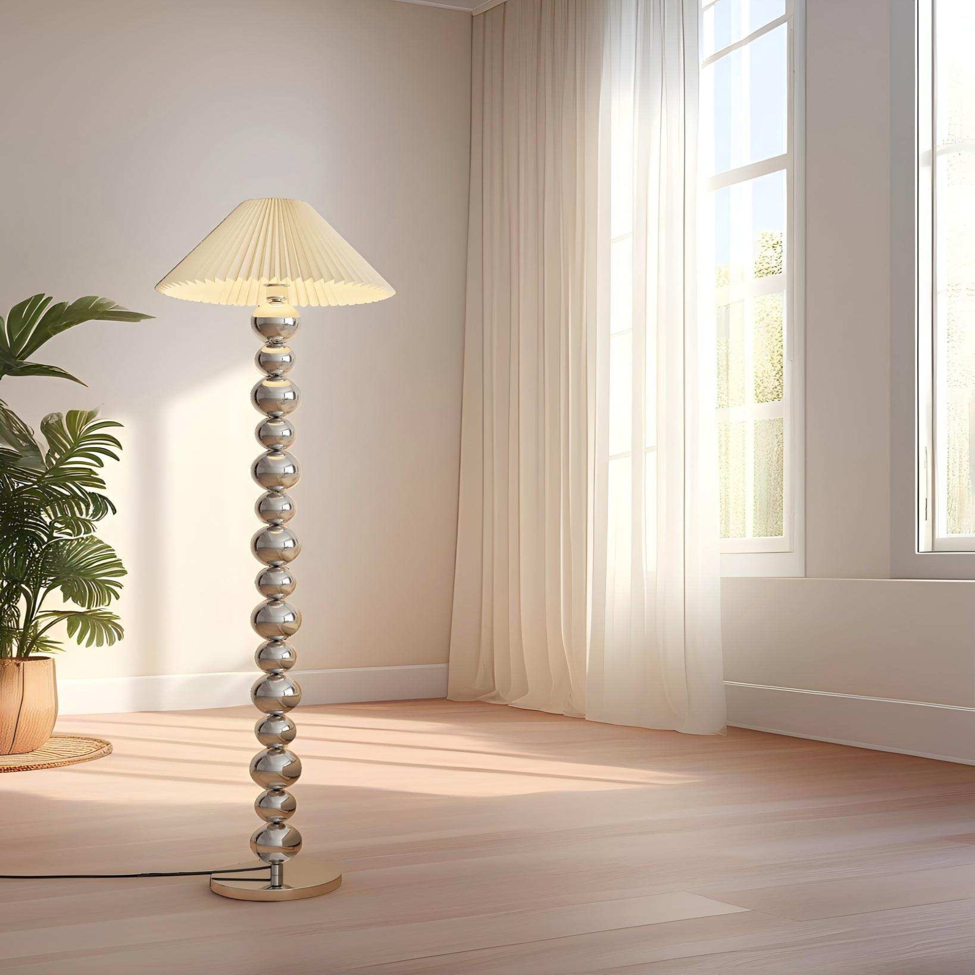 Sphere Chandelier Floor Lamp: Electroplated frame & pleated shade.