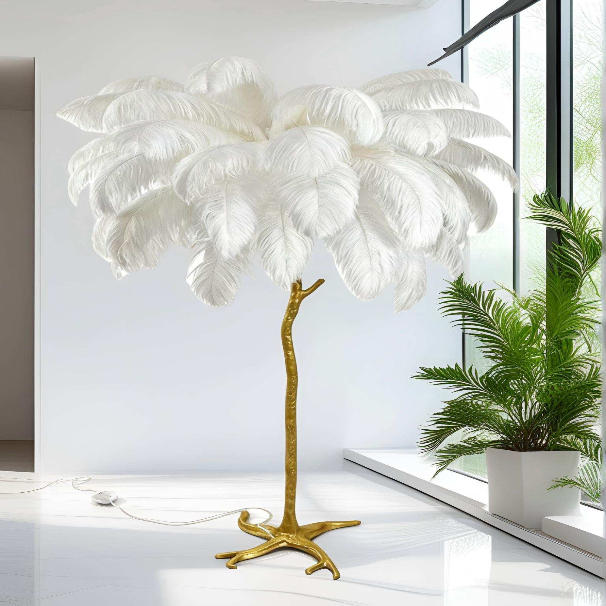 Feather Floor Lamp with Golden Branch Design & Ostrich Feather Shade – 5 E14 Lights for Luxe Ambiance