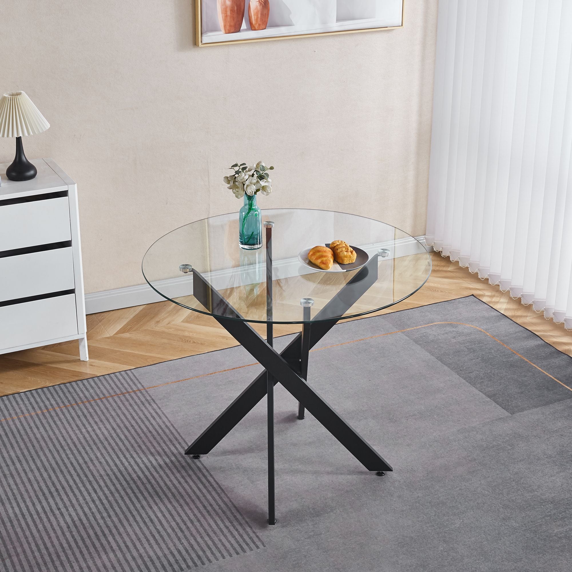 Modern Round Glass Dining Table - Chrome And Black Cross Legs