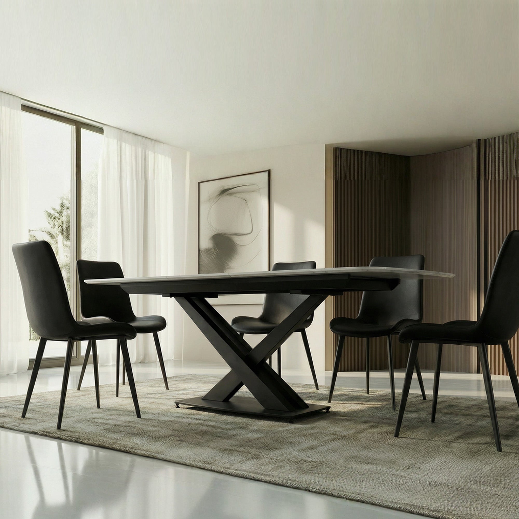 Extendable dining table with sintered stone top