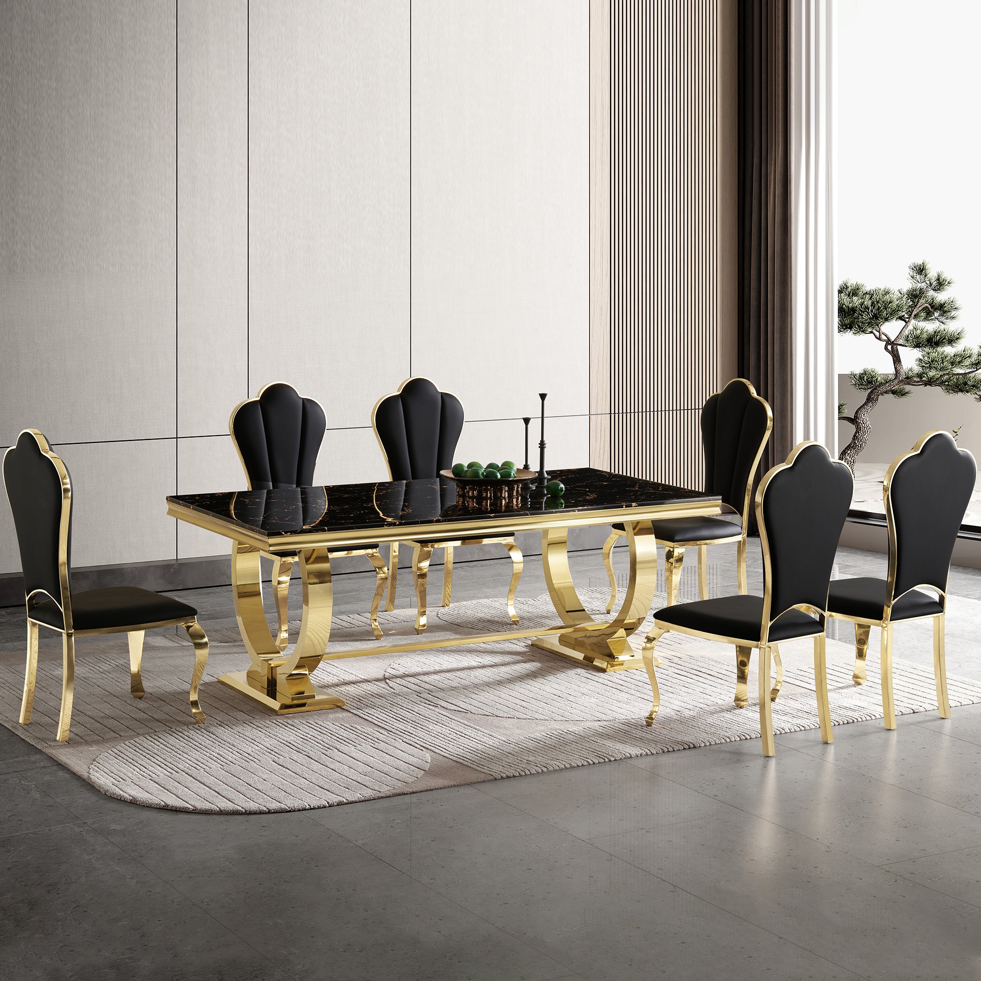 Modern Rectangular Dining Table with Marble Top & 201# Stainless Steel Base, Luxury U-Shape Frame Kitchen Table for 6-8 People
