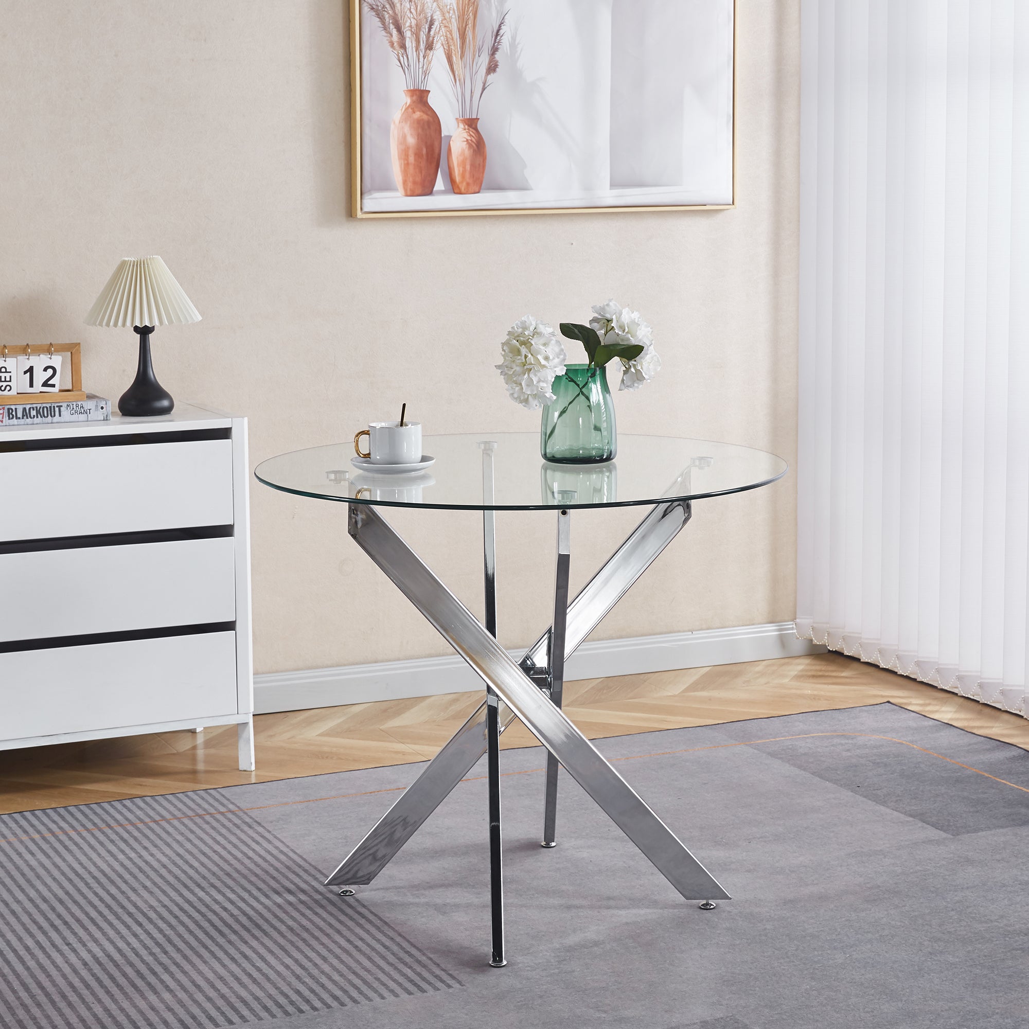 Modern Round Glass Dining Table - Chrome And Black Cross Legs