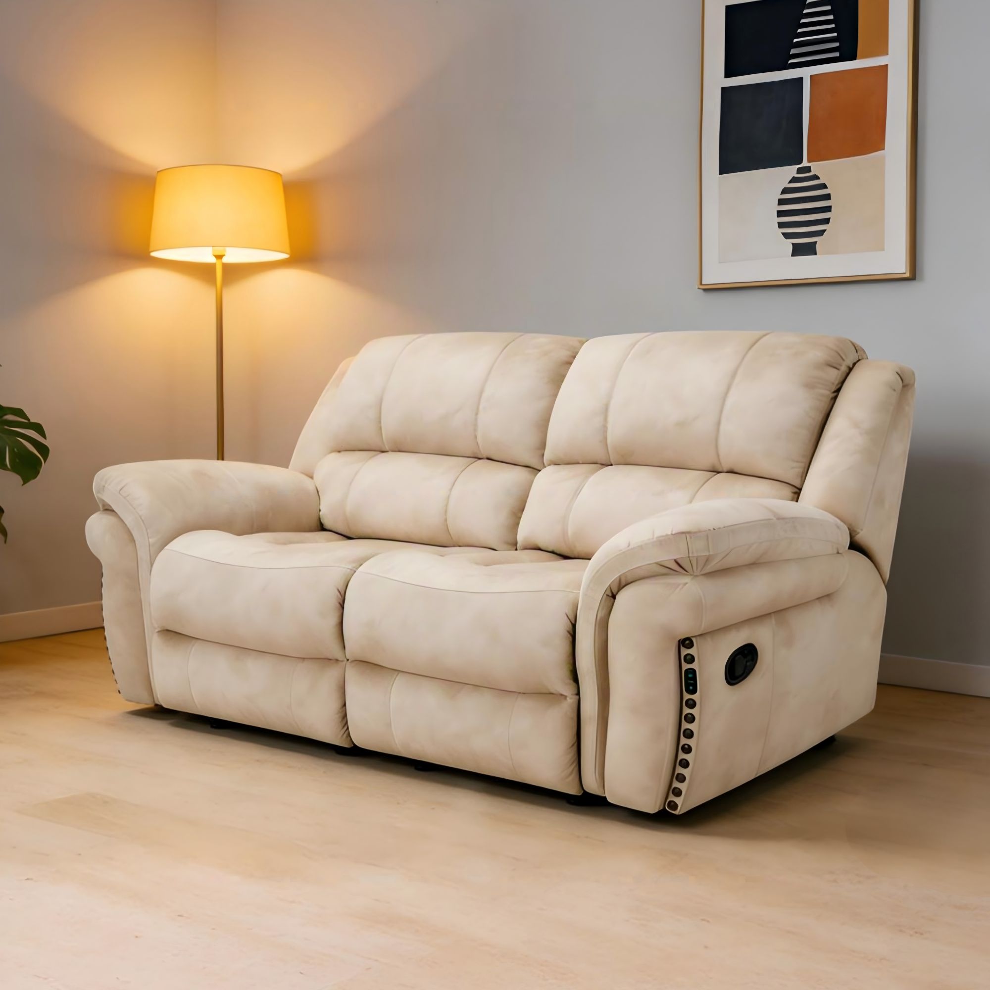 Cream Fabric Recliner Chair, Oversized Comfortable Reclining Sofa with Nailhead Trim for Living Room. 2PP