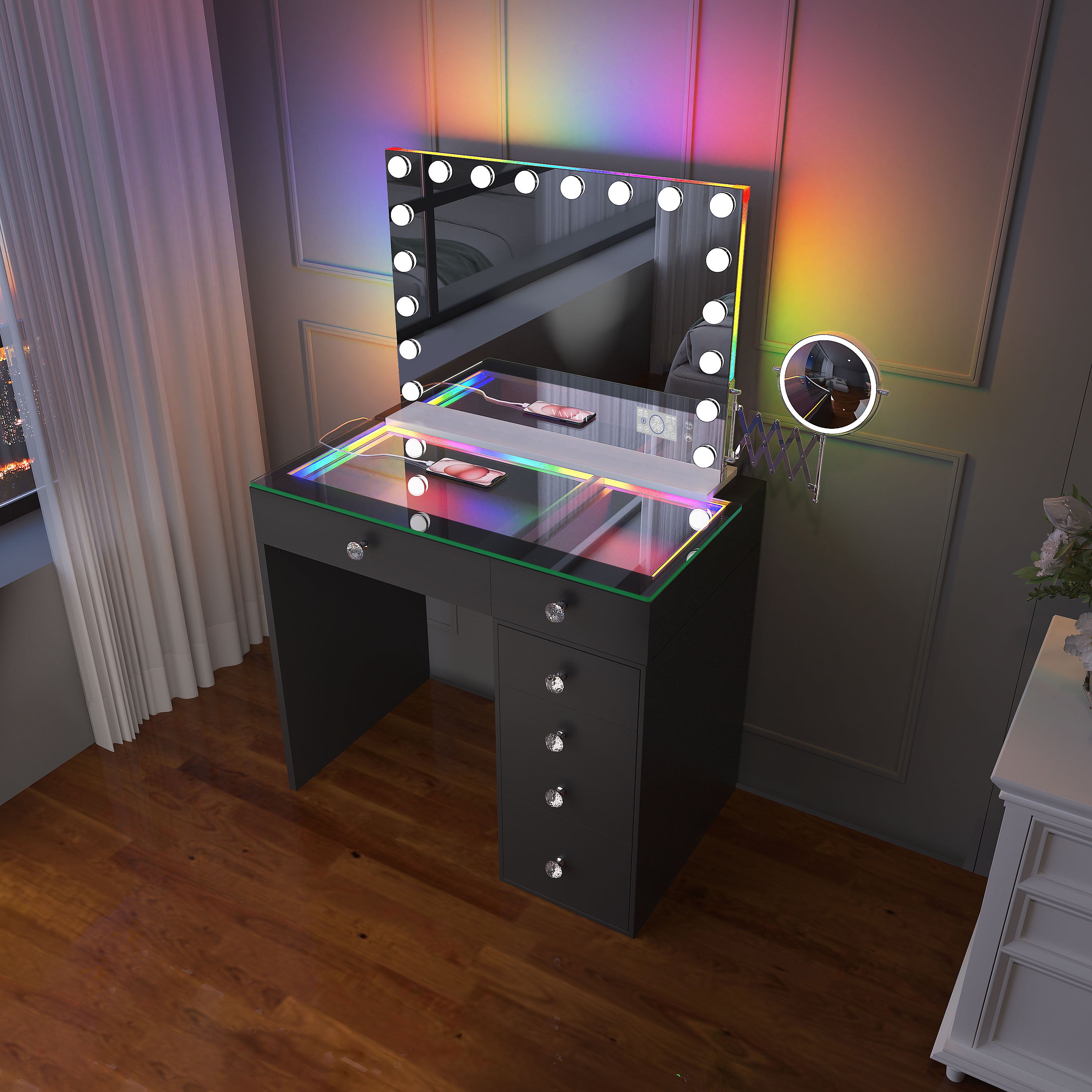 VANITII Mini Diana Vanity Desk with Hollywood Style RGB Music Mirror