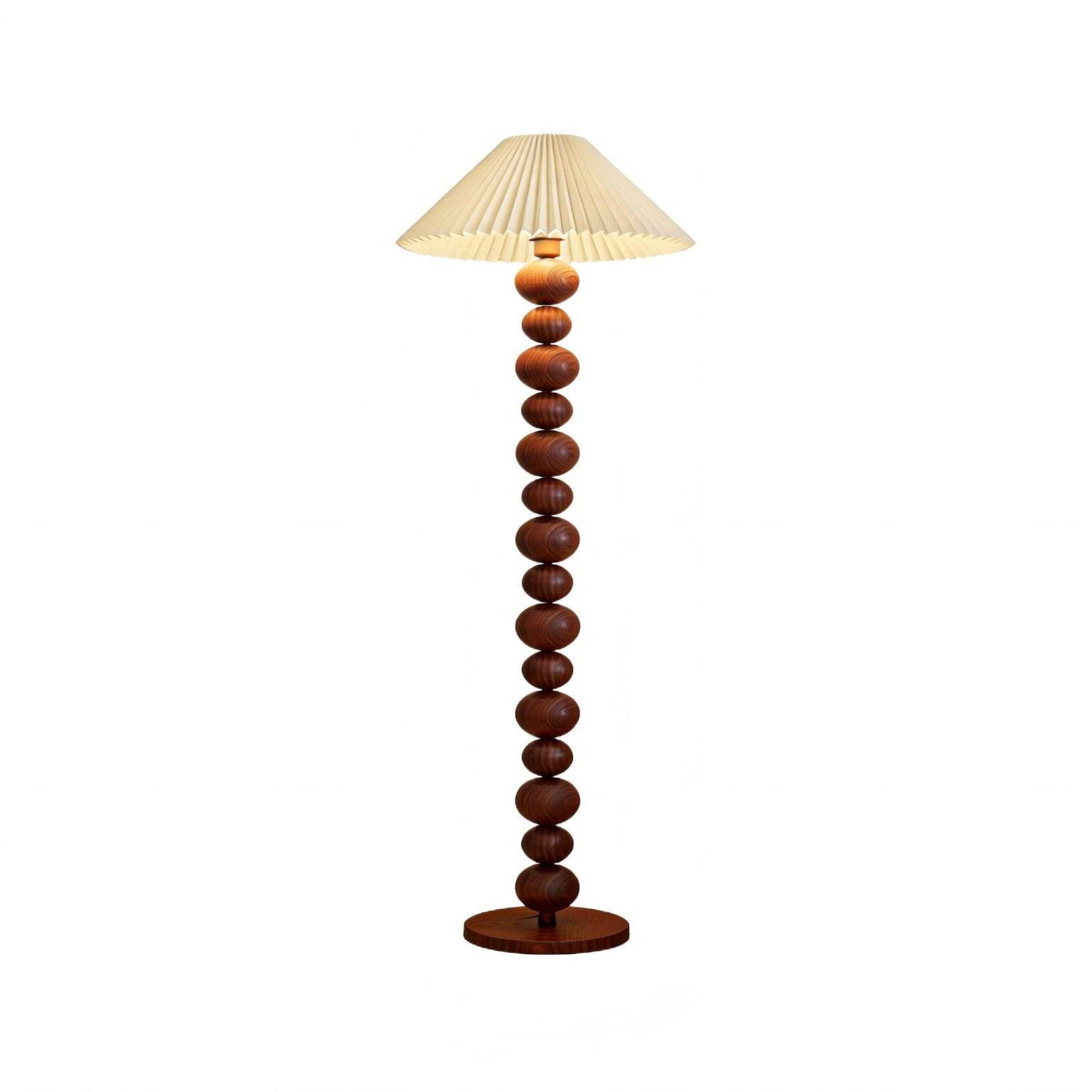 Walnut Floor Lamp with Ball Beads & Pleated Shade - Warm Light for Rustic Décor.