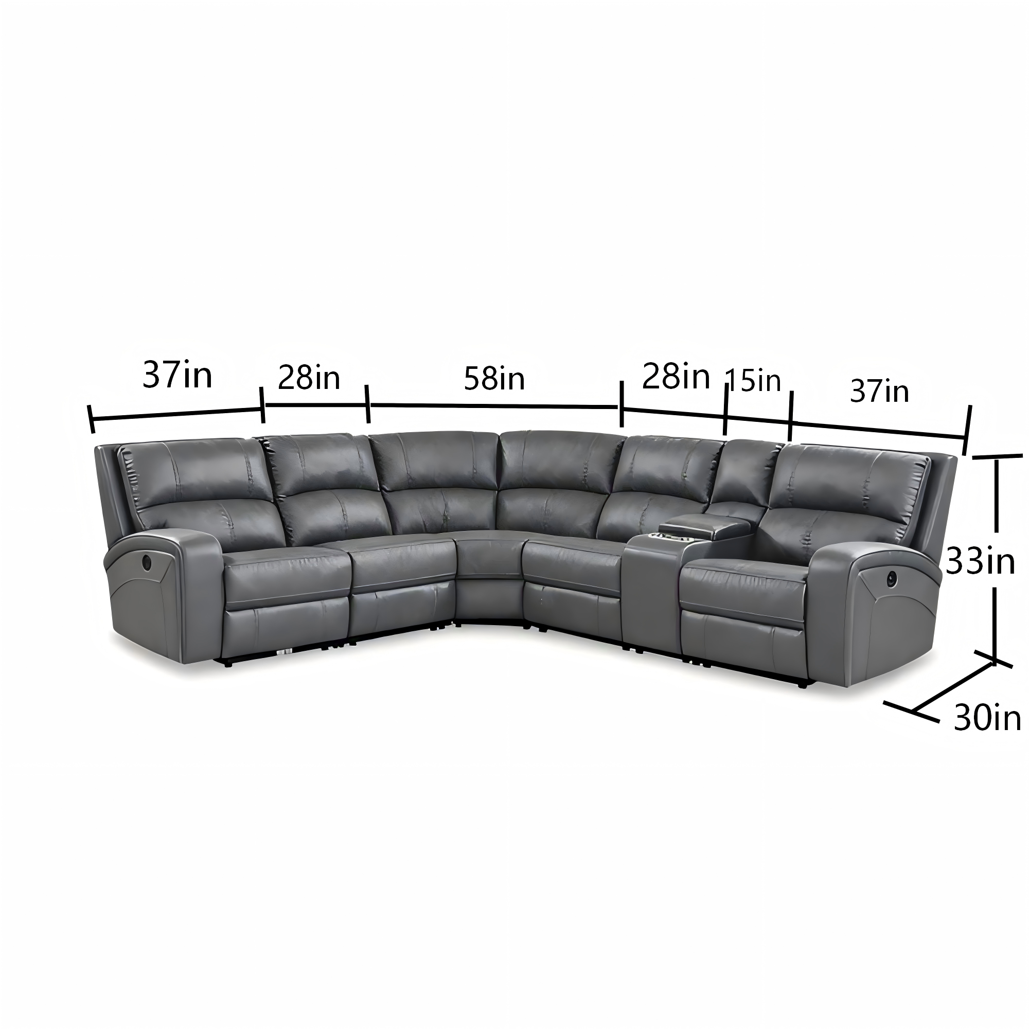 Corpus Gray Leather Reclining Sectional, L-Shaped Corner Couch with Cup Holders for Living Room