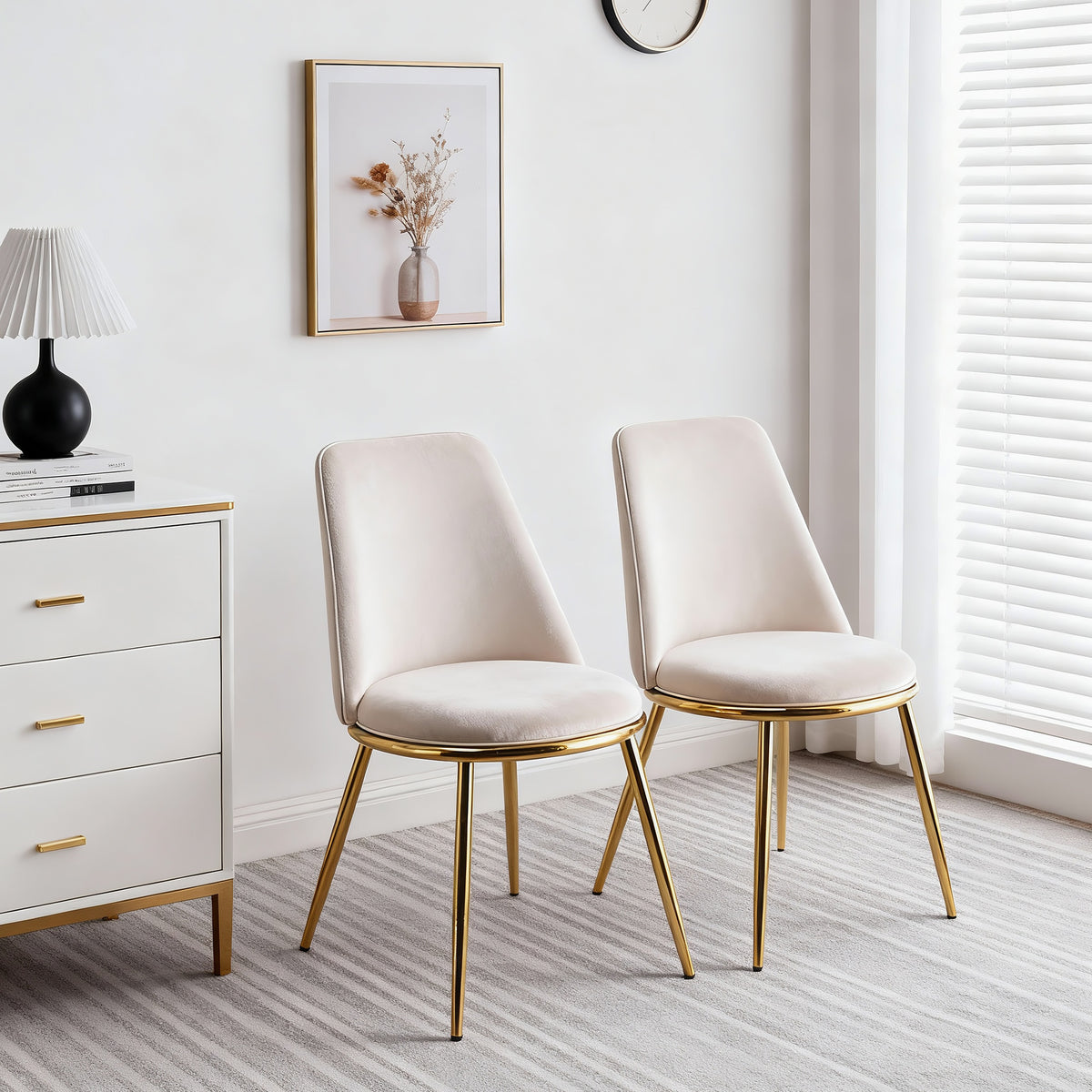 Modern Cream White Dining Chair - Gold-Plated Metal Legs, Velvet Upholstery 2pCS/CTN