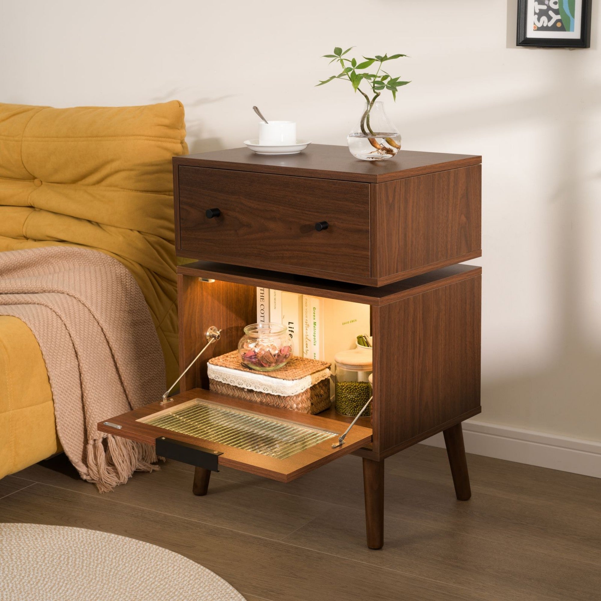 LED Nightstand Modern Nightstands with 360° Rotating Drawer LED Bedside Table with Glass Door Storage Mid Century Bedside Tables