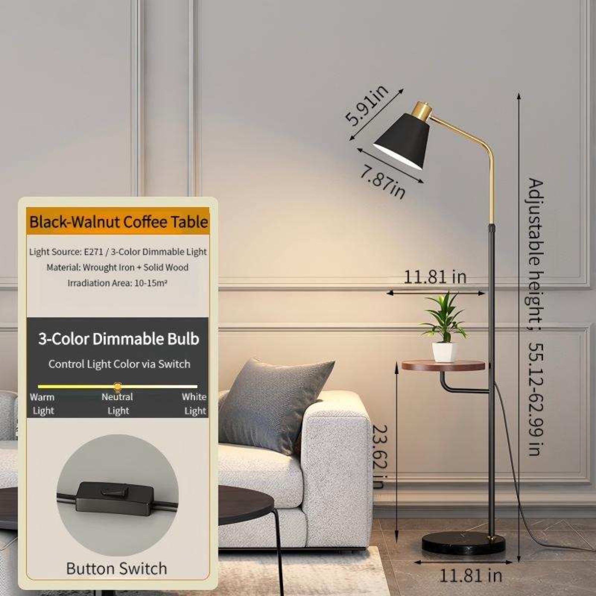 Dimmable Floor Lamp with Side Table|Black Walnut 3-Level Dimming