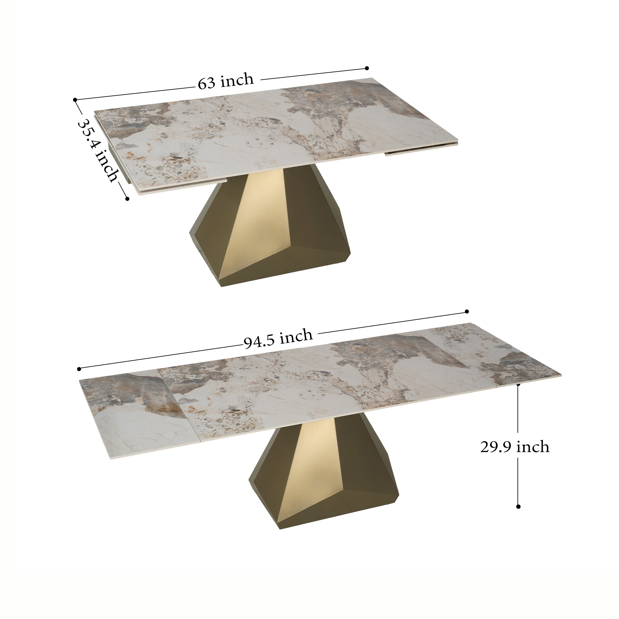 63″-95″ Extendable Sintered Stone Dining Table with Pedestal Base