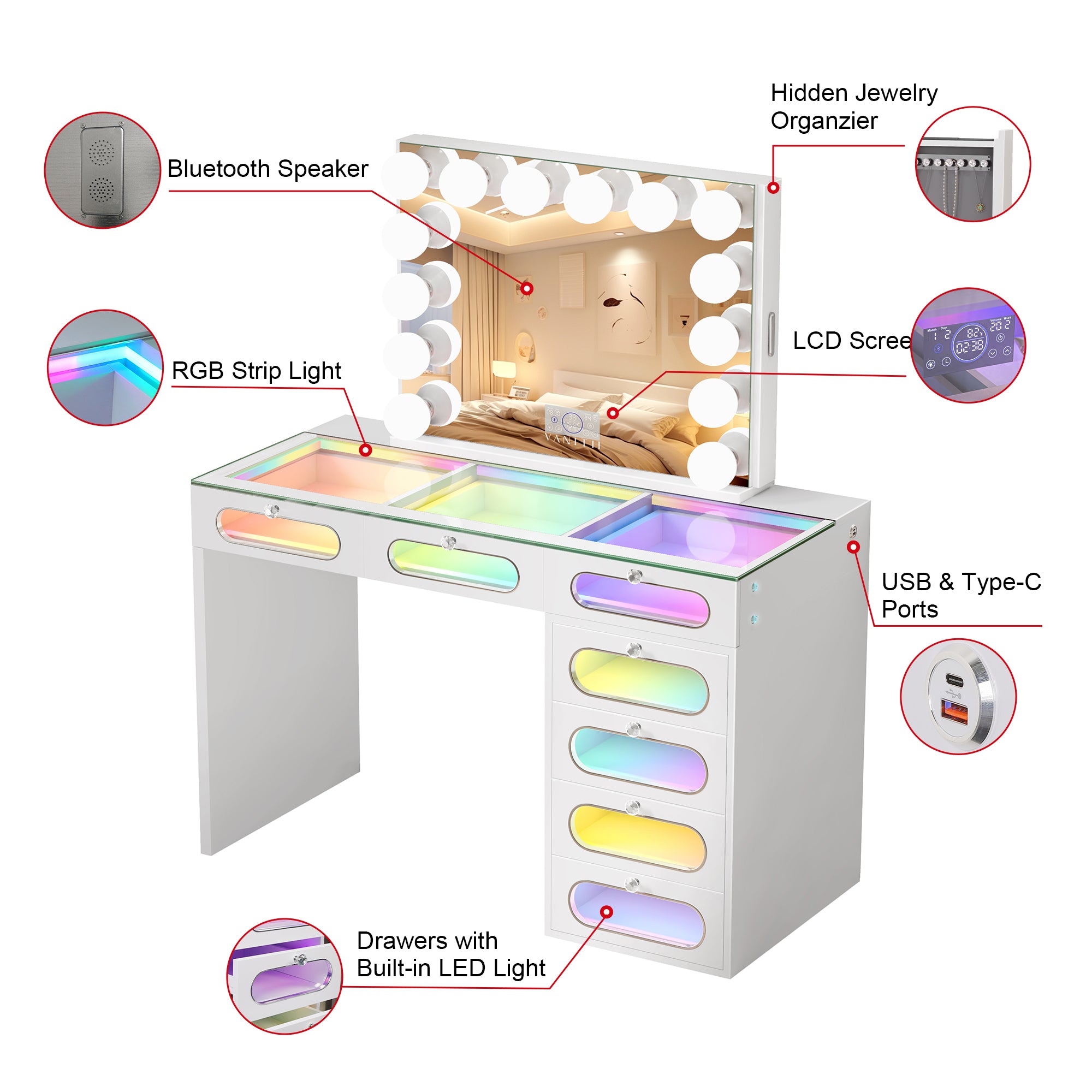 New Release ! VANITII 7 Glass Fronted Drawers with Hollywood Vanity Mirror