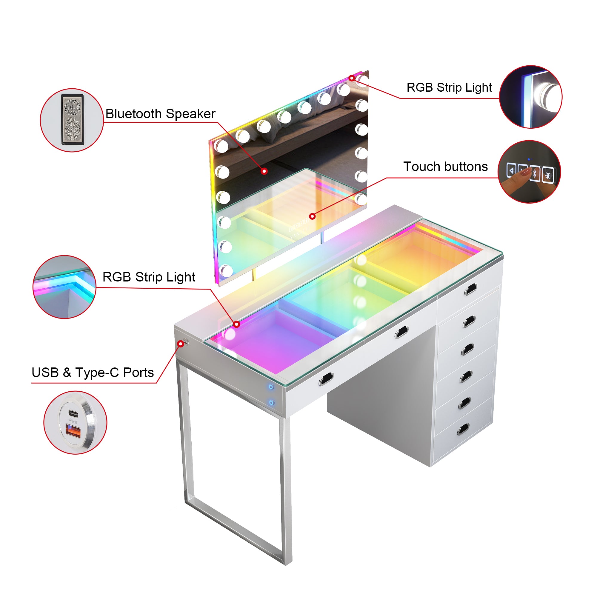 New Release ! VANITII Chelsea Vanity Set with Hollywood Music Mirror