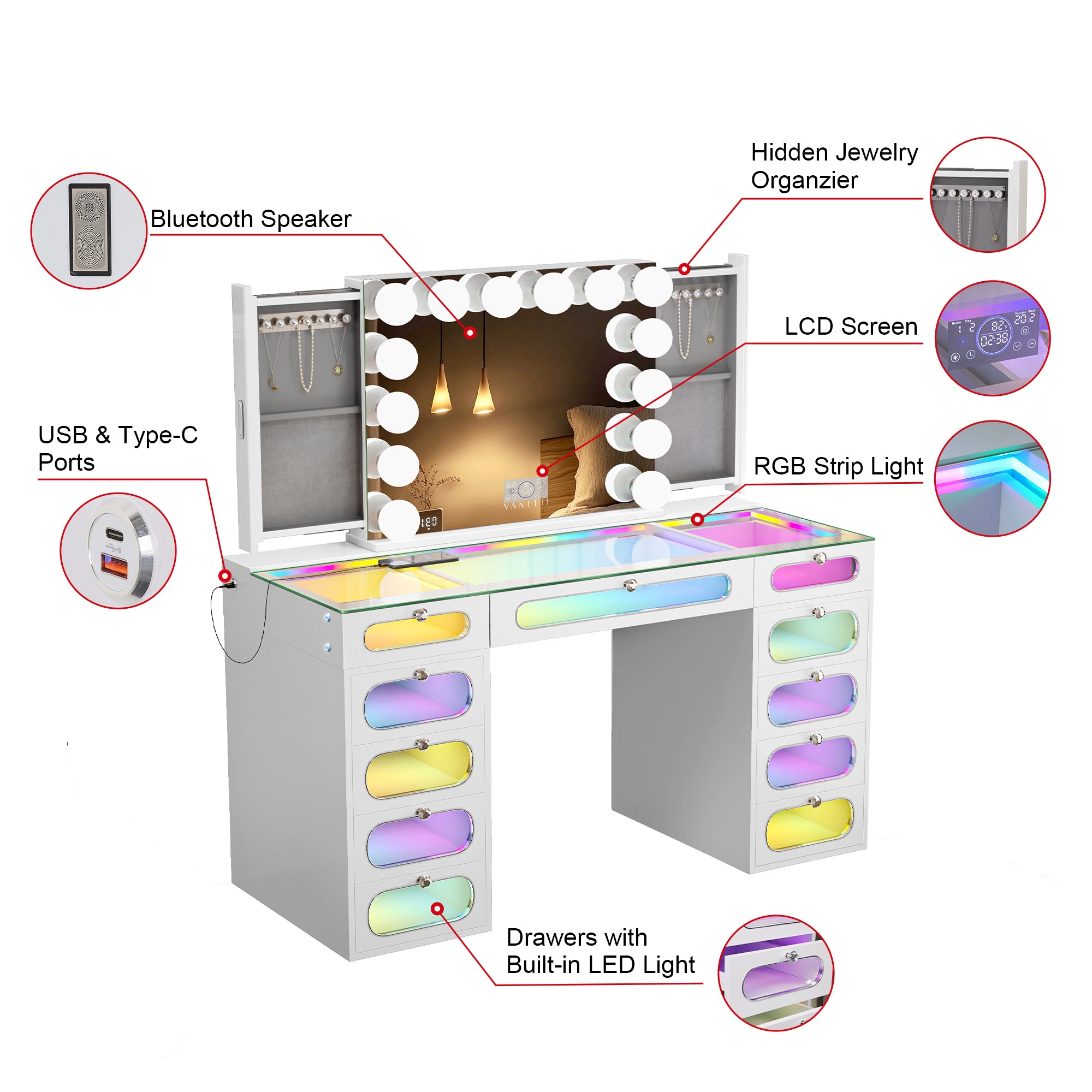 New Release ! VANITII Priscilla Vanity Set with Hollywood Vanity Mirror Pro with Jewelry Cabinet