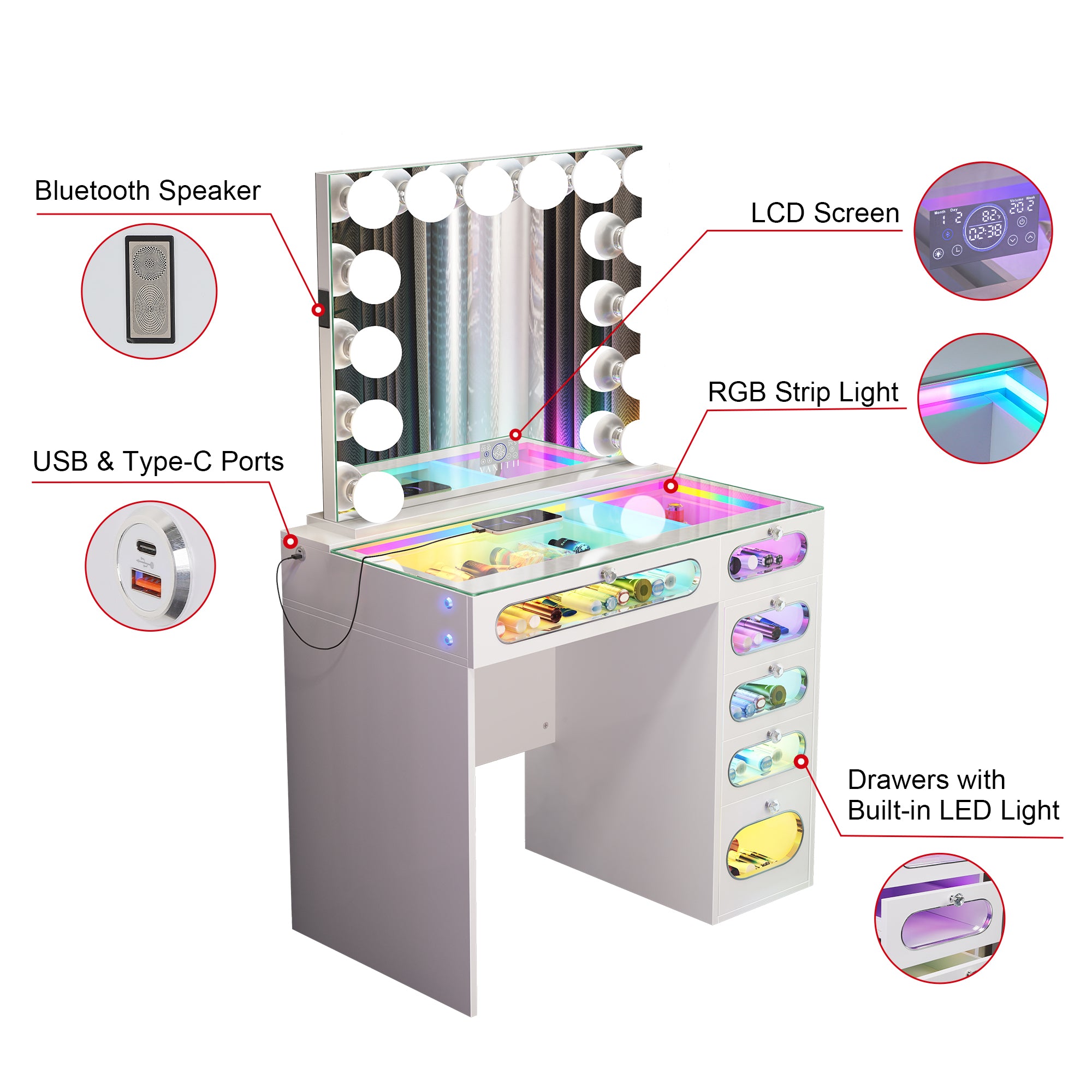 New Release ! VANITII 6 Glass Fronted Drawers Vanity Desk with Marilyn Vanity Mirror