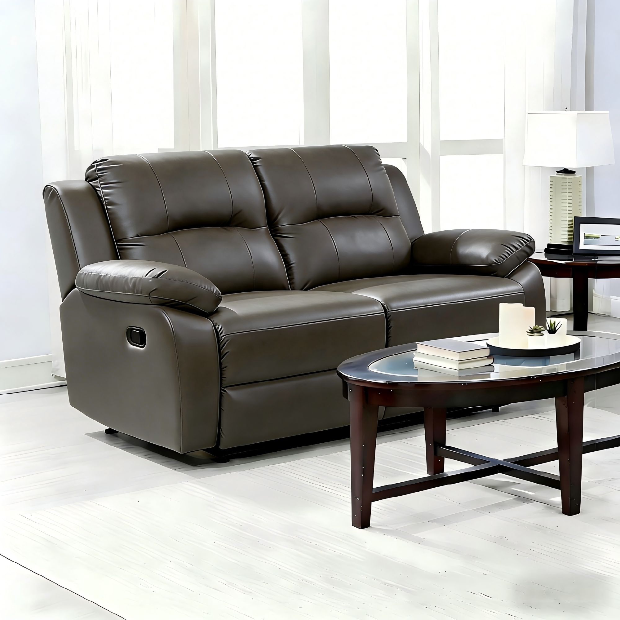 Lume Power Recliner 2-Seater Sofa in Ivory Faux Leather with Hidden Cupholders
