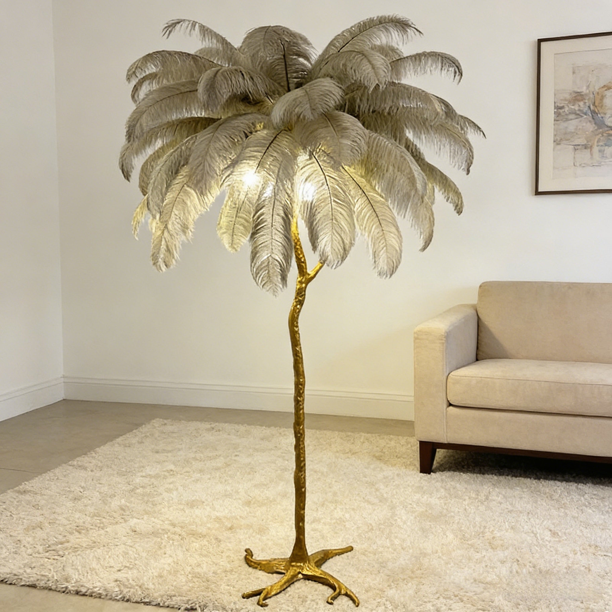 Ostrich Feather Floor Lamp | Golden 4-Light Branch camel color