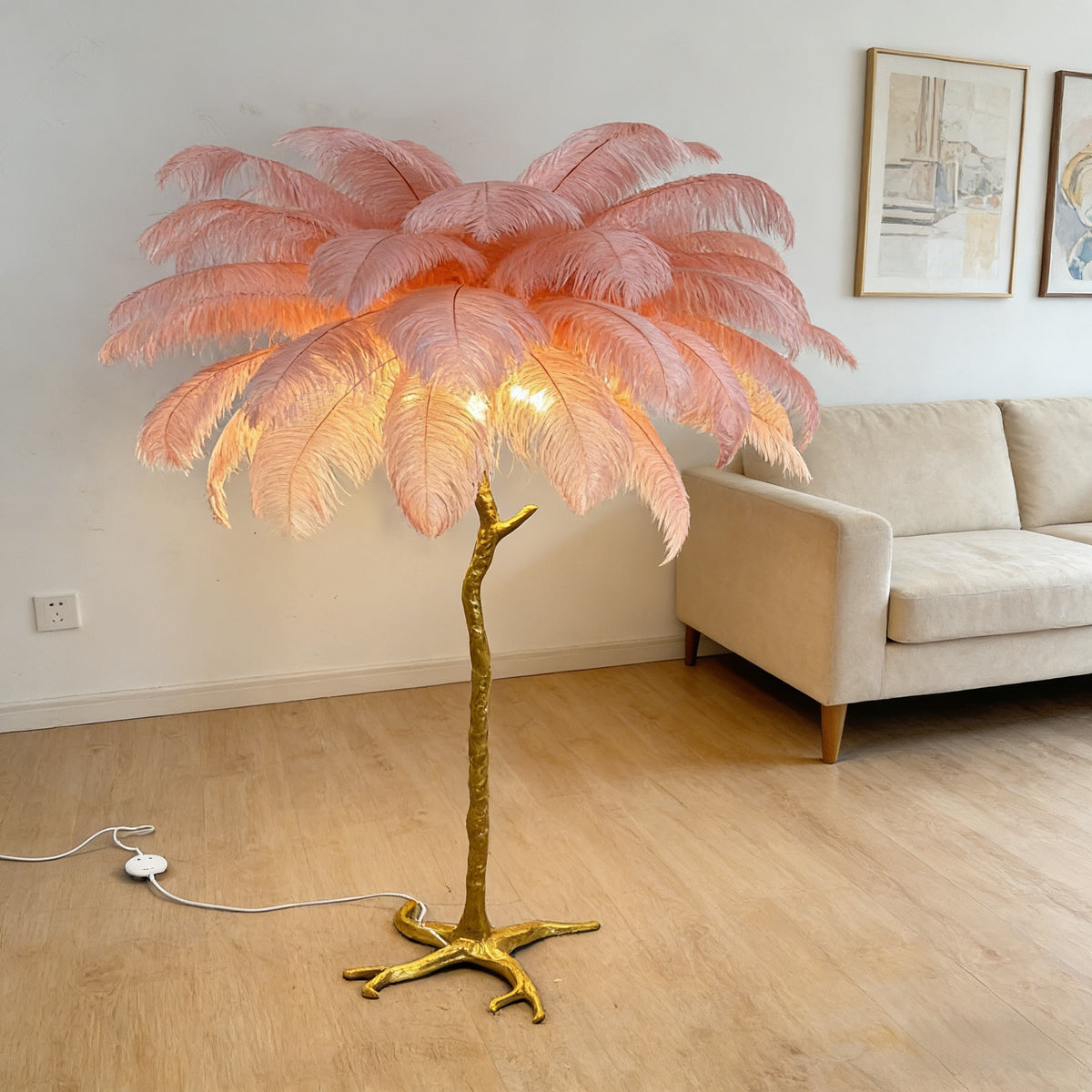 Ostrich Feather Floor Lamp | Golden 4-Light Branch pink