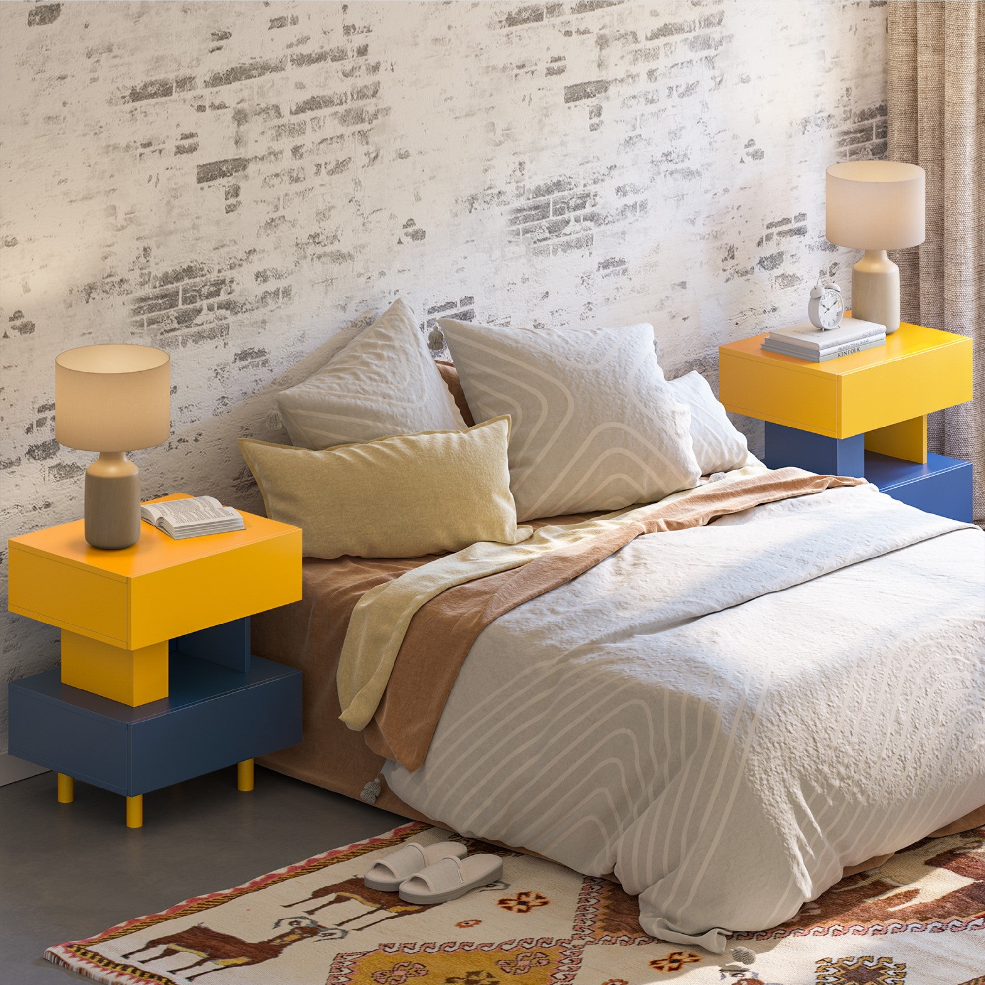 Modern Nightstand End Side Table with Large Storage Space Bedside Table for Bedroom Living Room and Playroom (Yellow+Blue)