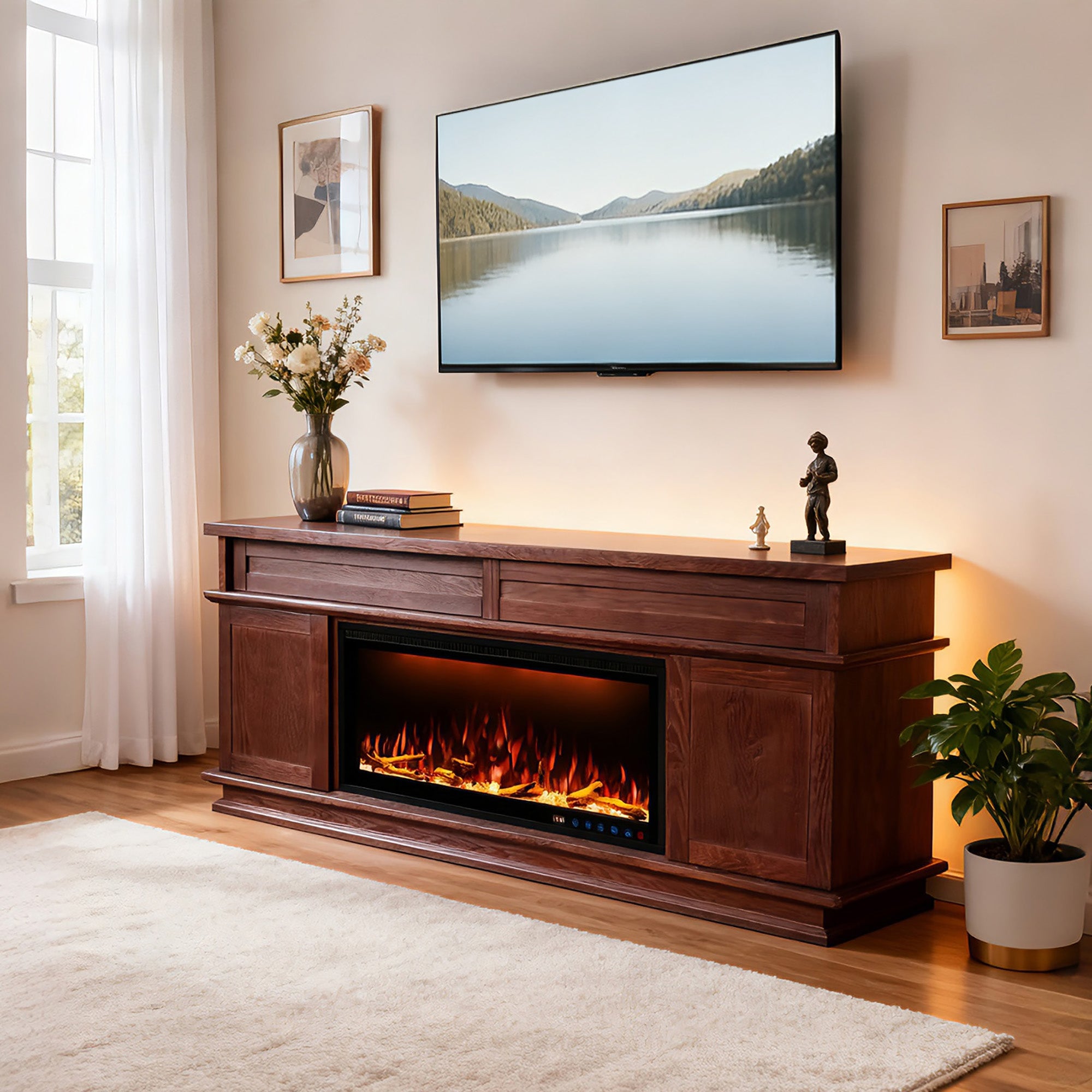 Fully Assembled 70" Dark Mahogany Ash Veneer Fireplace TV Stand