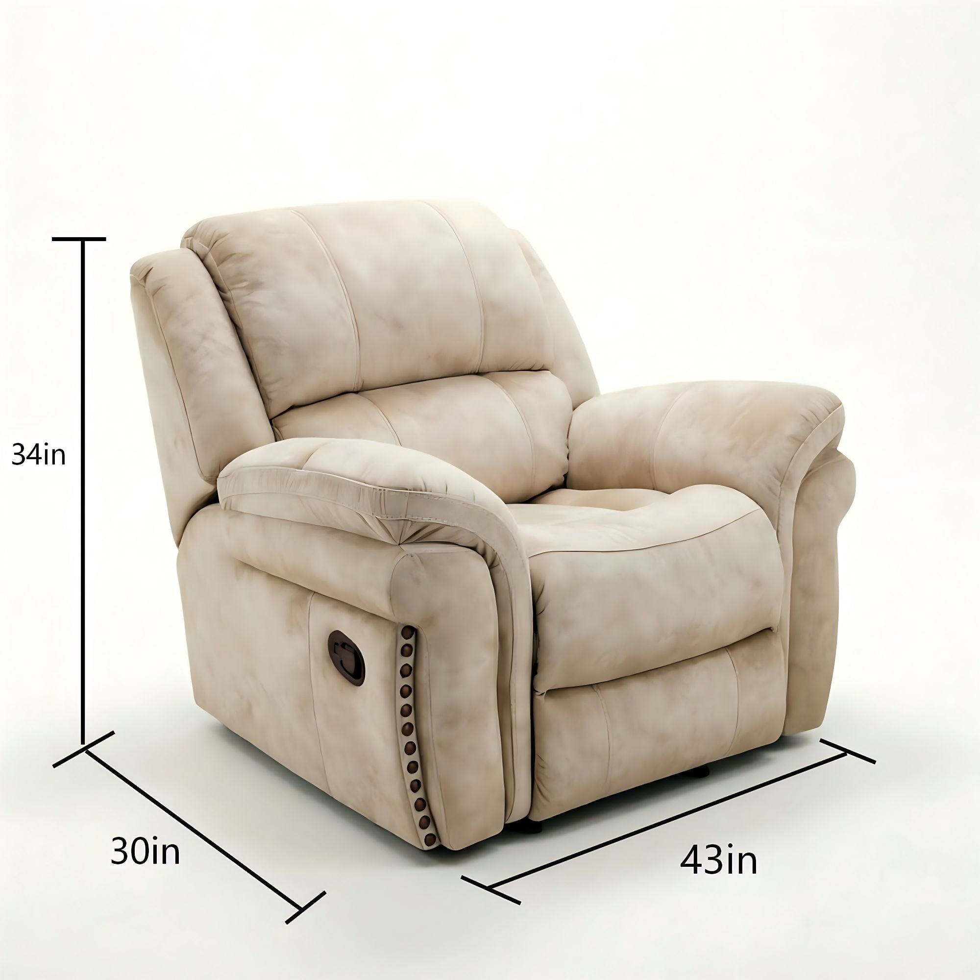 Cream Fabric Recliner Chair, Oversized Comfortable Reclining Sofa with Nailhead Trim for Living Room