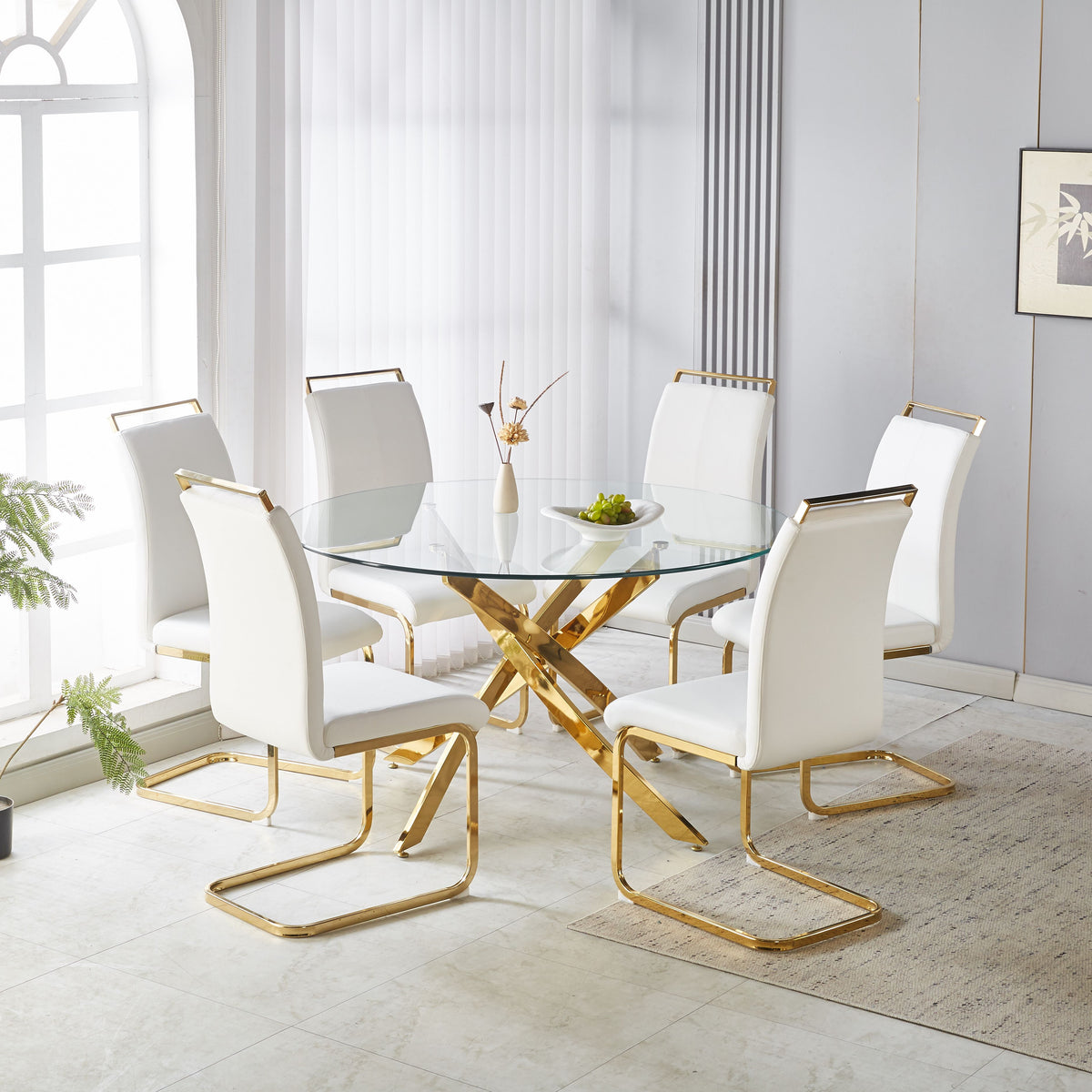 51.18" Round Dining Table, 10MM Clear Tempered Glass Top with Golden Crossed Metal Base, Easy to Clean