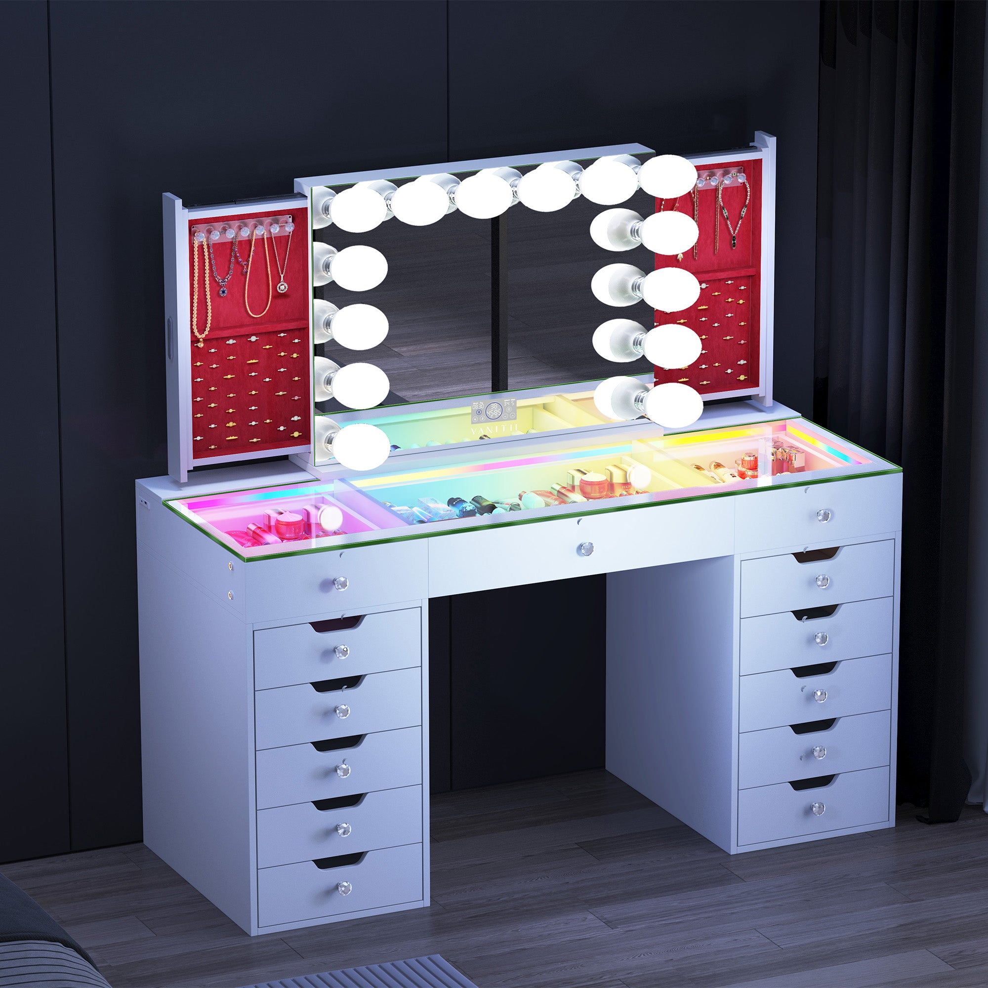 VANITII Eva-RGB Vanity Desk Set Including Marilyn Hollywood Vanity Mirror Pro with Jewelry Organizer