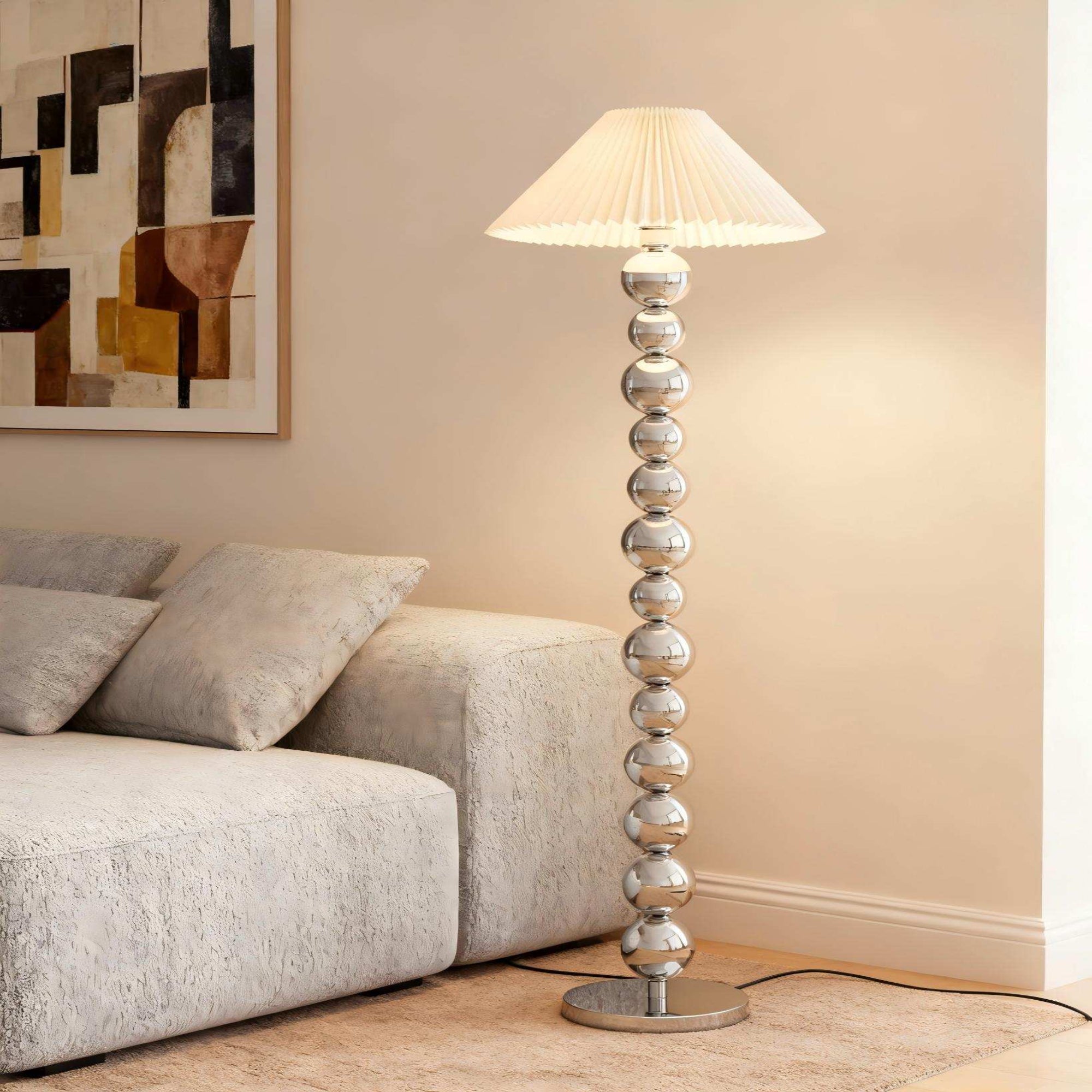 Sphere Chandelier Floor Lamp: Electroplated frame & pleated shade.