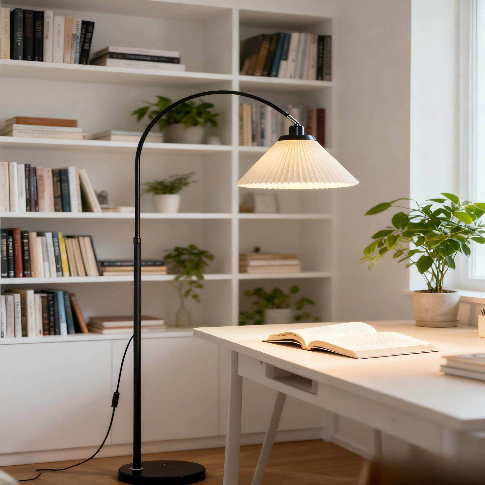 Black Arc Floor Lamp - Modern "fishing lamp" with soft pleated shade, ideal for sofa-side reading in living rooms and bedrooms.