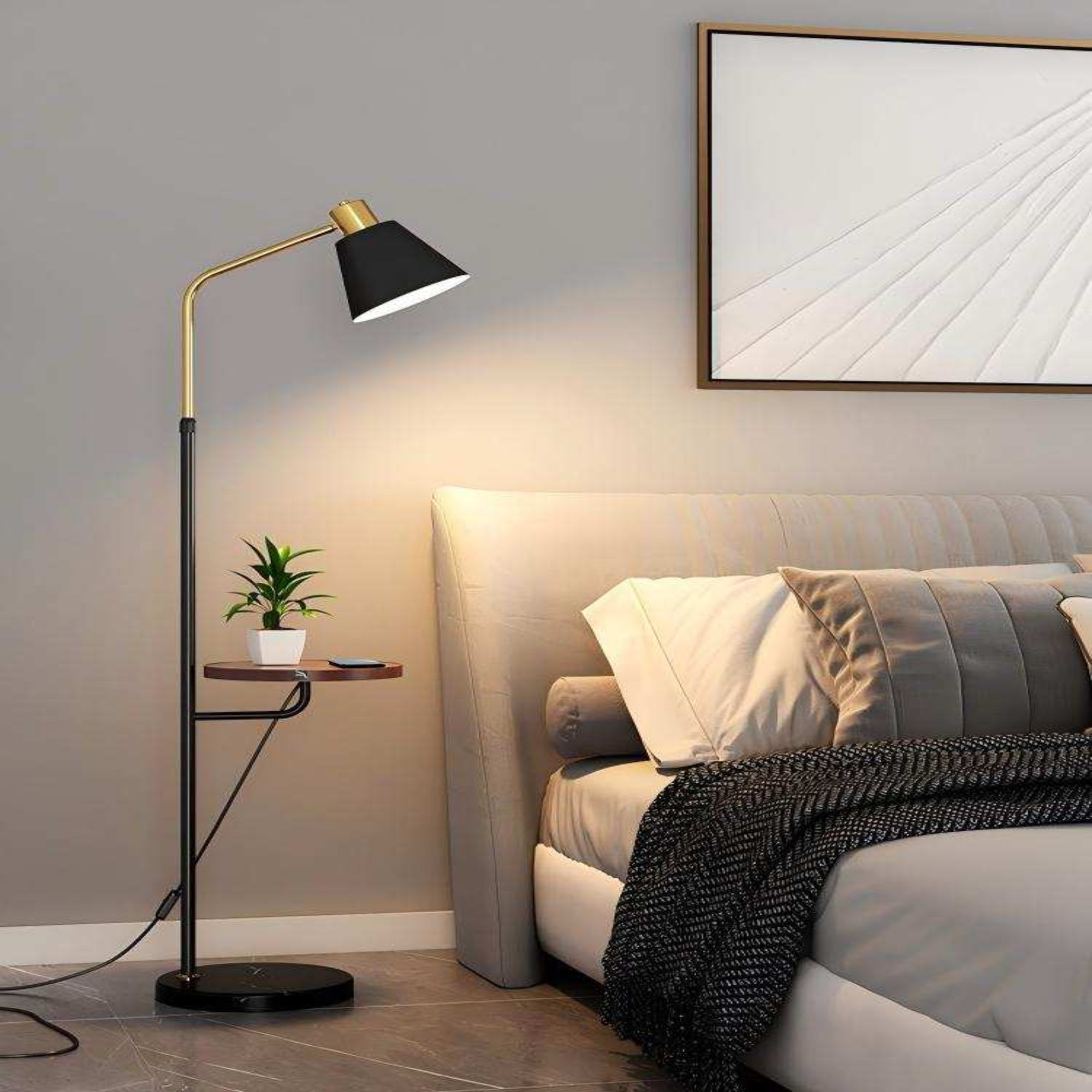 Dimmable Floor Lamp with Side Table|Black Walnut 3-Level Dimming