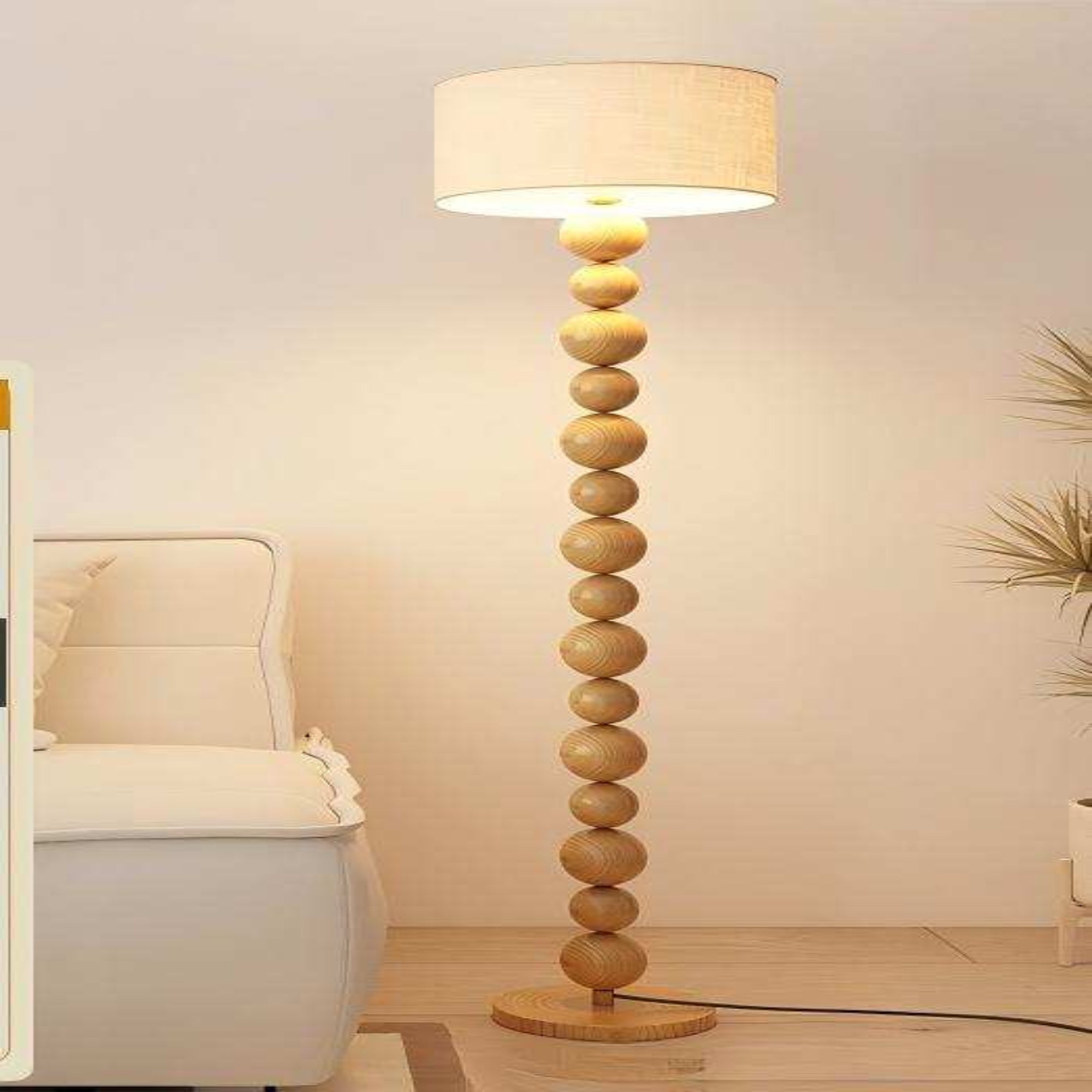 Wooden Ball String Floor Lamp, Iron Transfer Stand, Linen Shade, Japanese Wood Style Warm Light