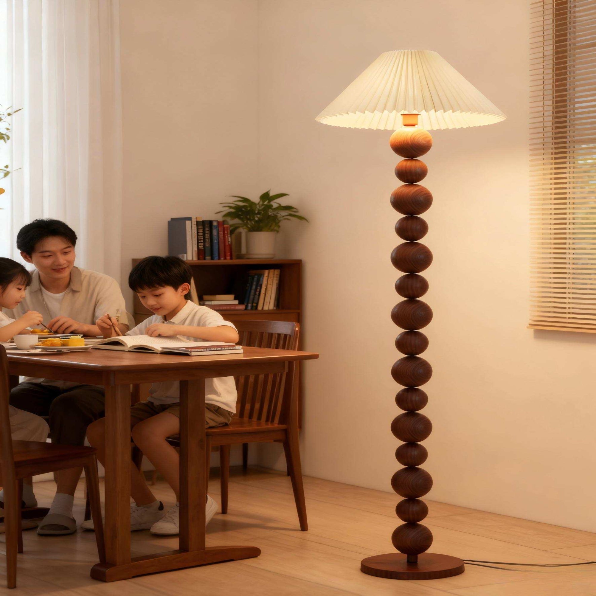 Walnut Floor Lamp with Ball Beads & Pleated Shade - Warm Light for Rustic Décor.
