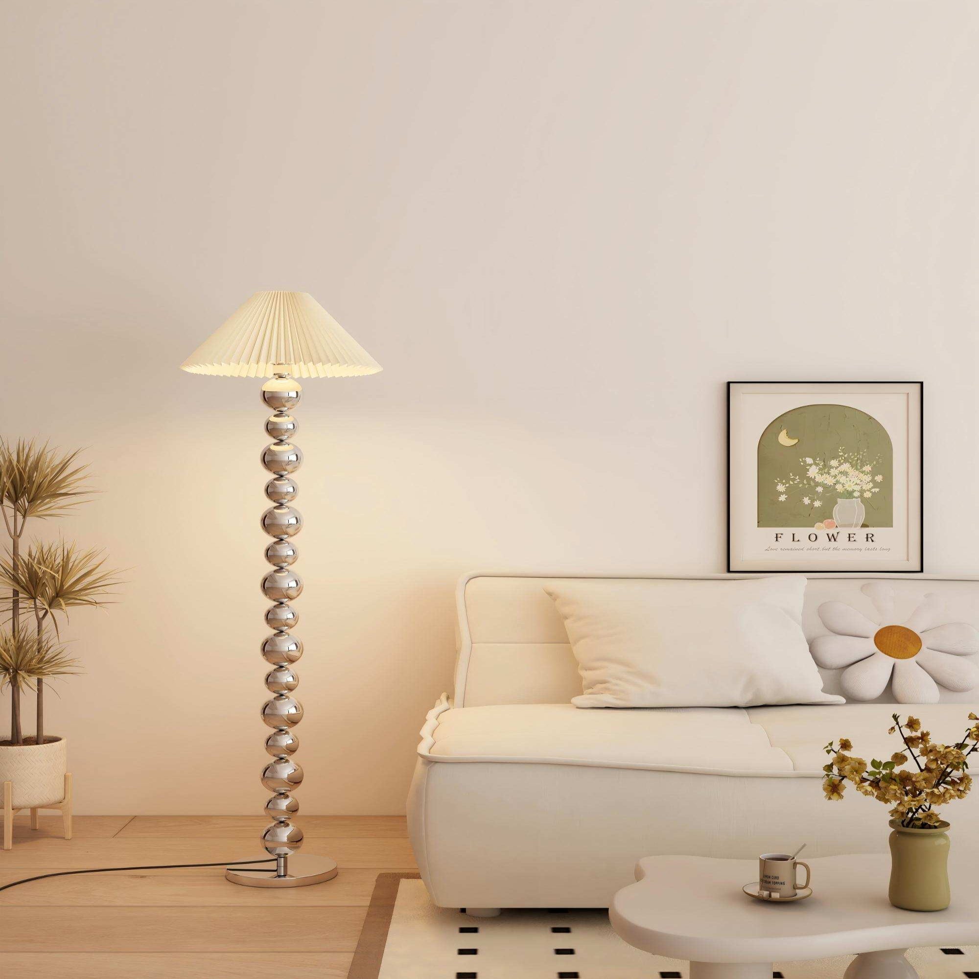 Sphere Chandelier Floor Lamp: Electroplated frame & pleated shade.