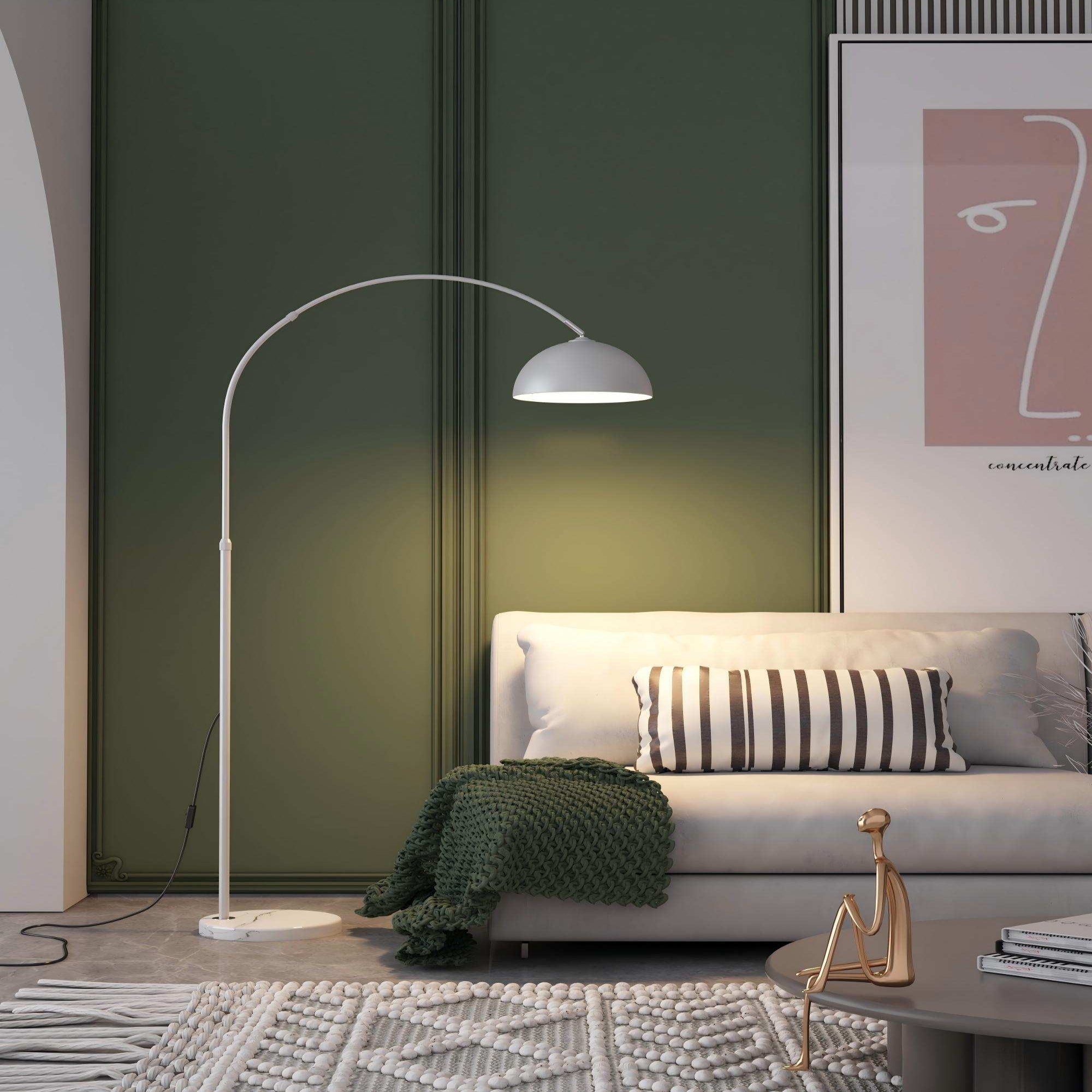 White Arc Floor Lamp: Soft-globe Nordic style for living rooms and bedrooms.