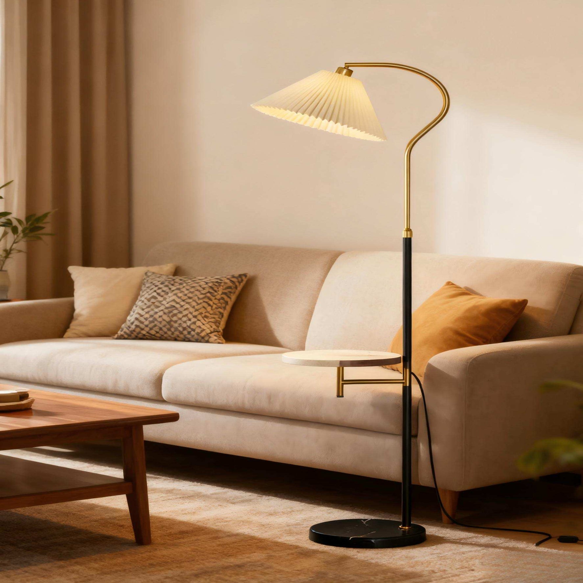 Gold-Black Adjustable Floor Lamp with Marble Side Table - 2-in-1 Light & Storage