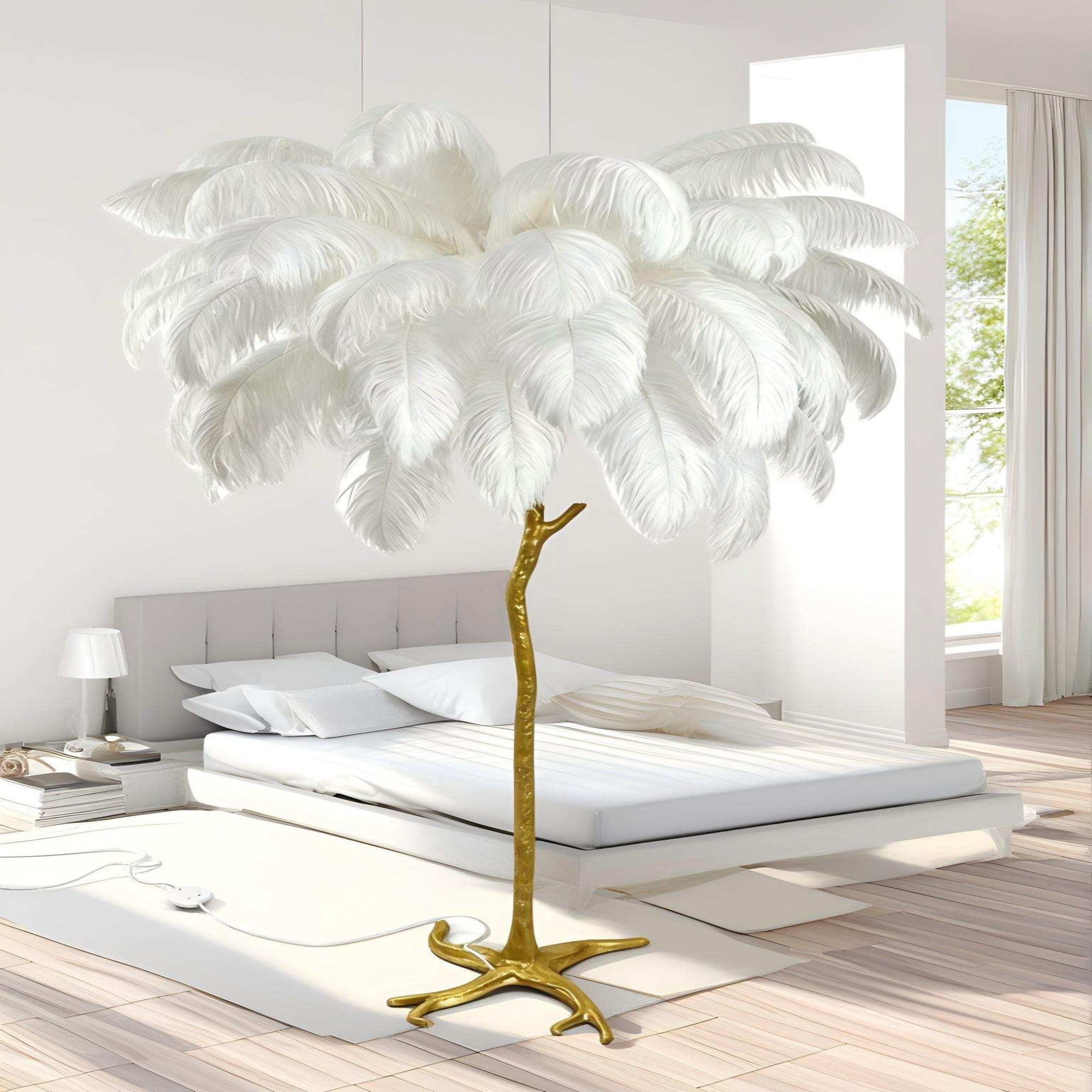 Feather Floor Lamp with Golden Branch Design & Ostrich Feather Shade – 5 E14 Lights for Luxe Ambiance