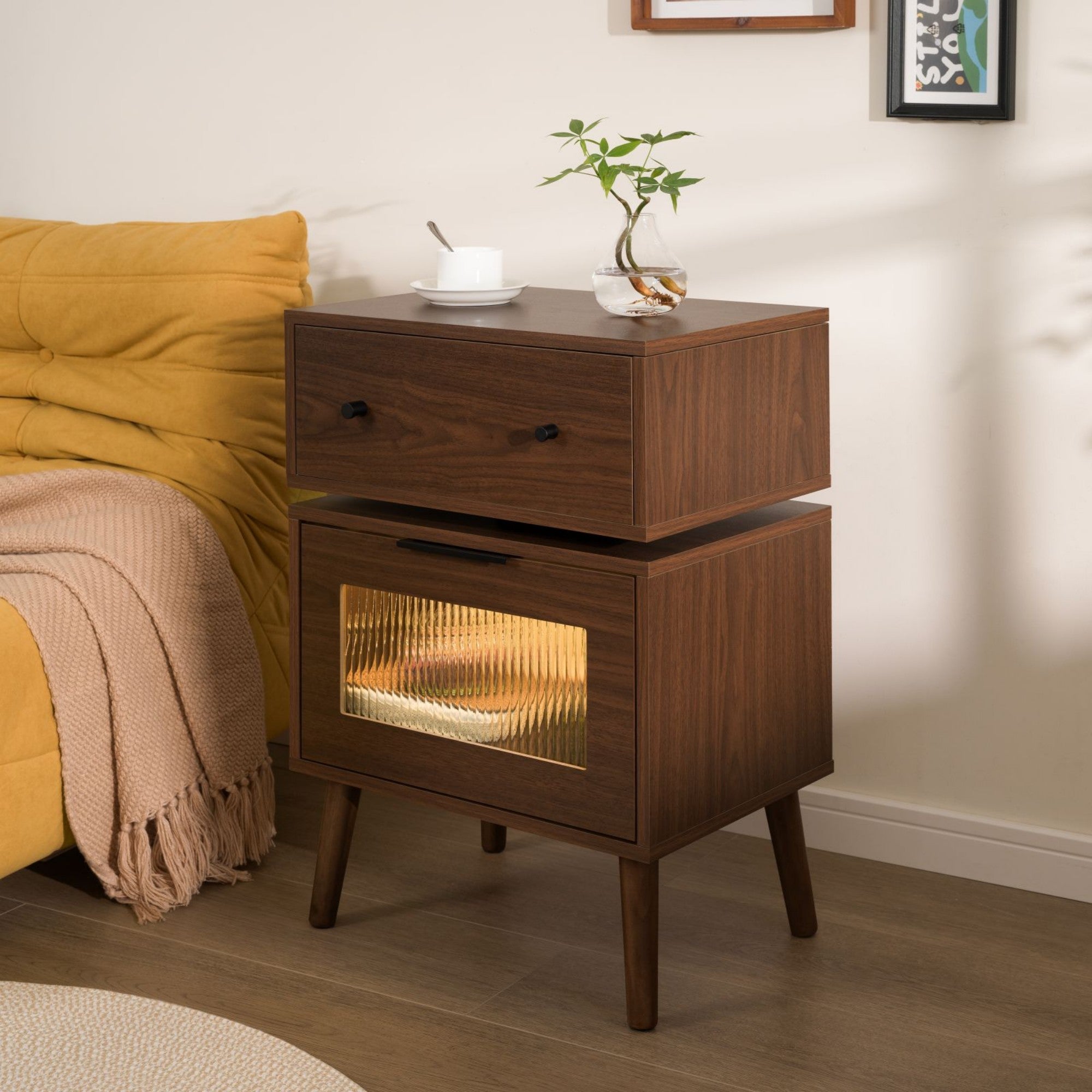 LED Nightstand Modern Nightstands with 360° Rotating Drawer LED Bedside Table with Glass Door Storage Mid Century Bedside Tables