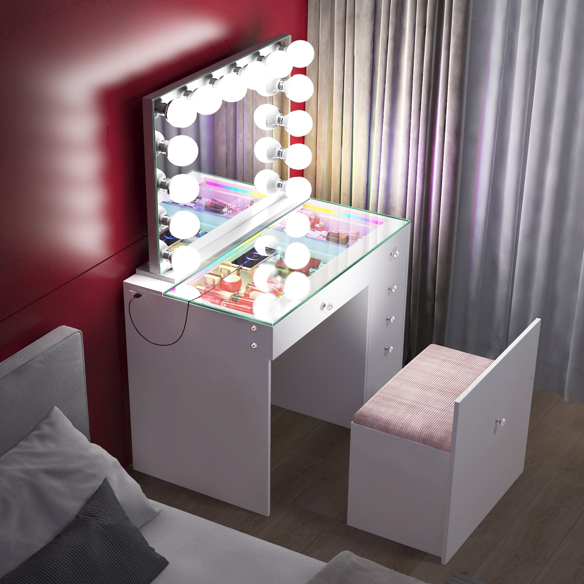 New Release ! VANITII Mini Diana Vanity Desk and Marilyn Mirror with Soft Hidden Stool