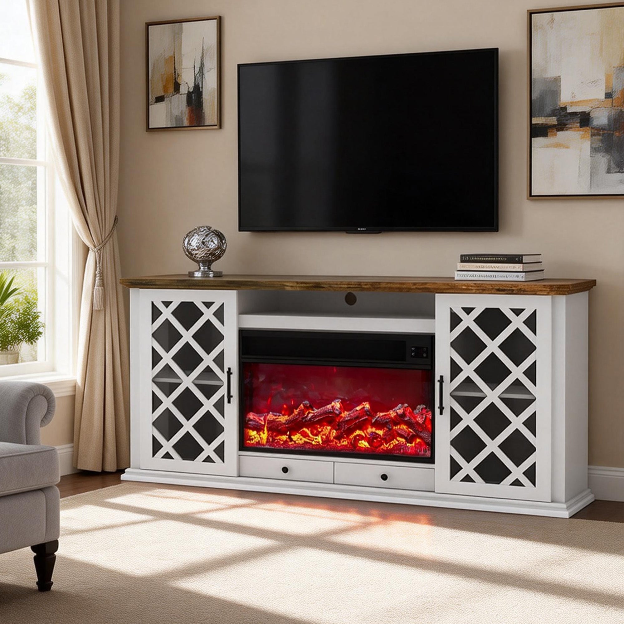 Fully Assembled 72" TV stand with an electronic fireplace (HZ04)