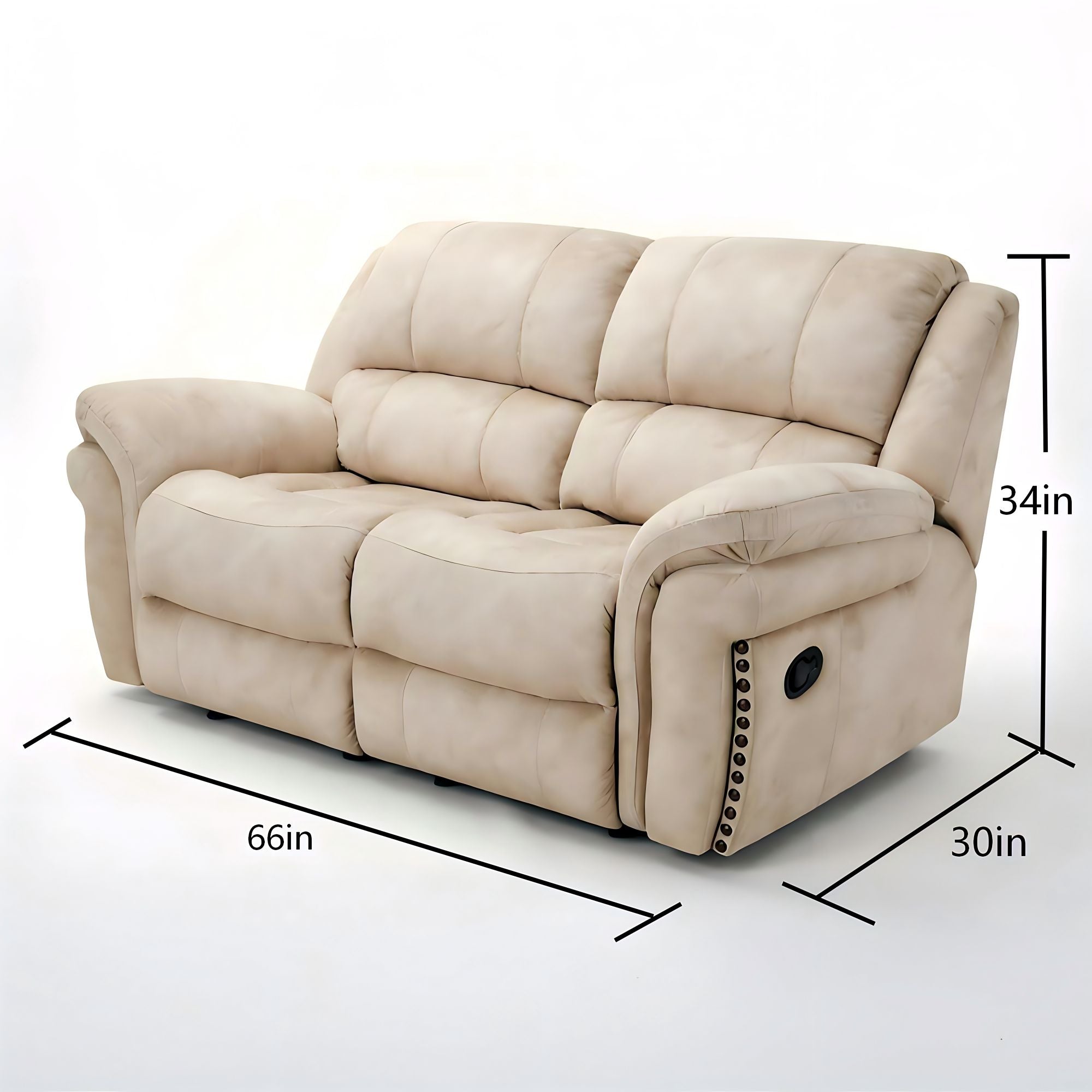 Cream Fabric Recliner Chair, Oversized Comfortable Reclining Sofa with Nailhead Trim for Living Room. 2PP