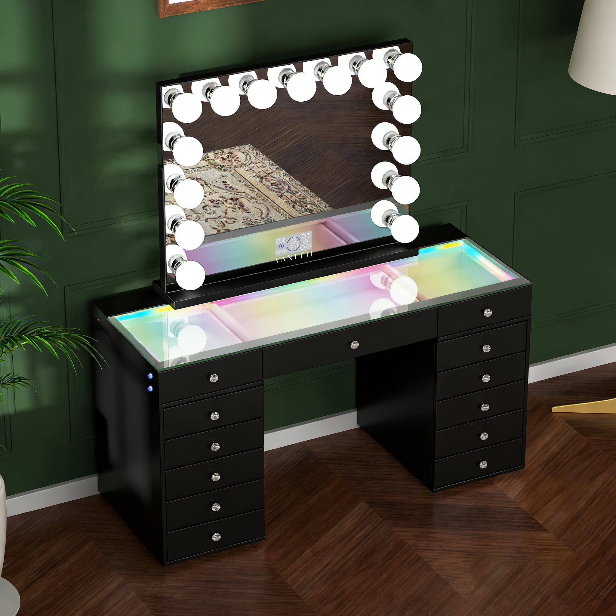 Promotion Deal! VANITII Eva-RGB Vanity Desk Set with 13 Storage Drawers and 15 Bulbs Light Mirror(EVA(IVY-TOP)-RGB+10080BT-WHT-A)