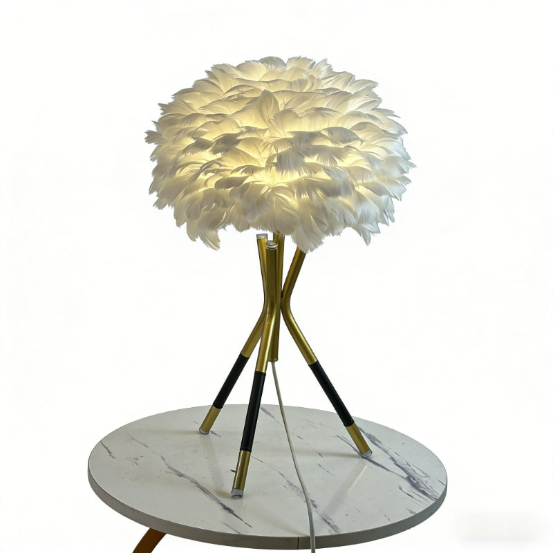 Nordic Feather Table Lamp, 3-Color Dimmable, Remote Control, Iron Base Bedside Light
