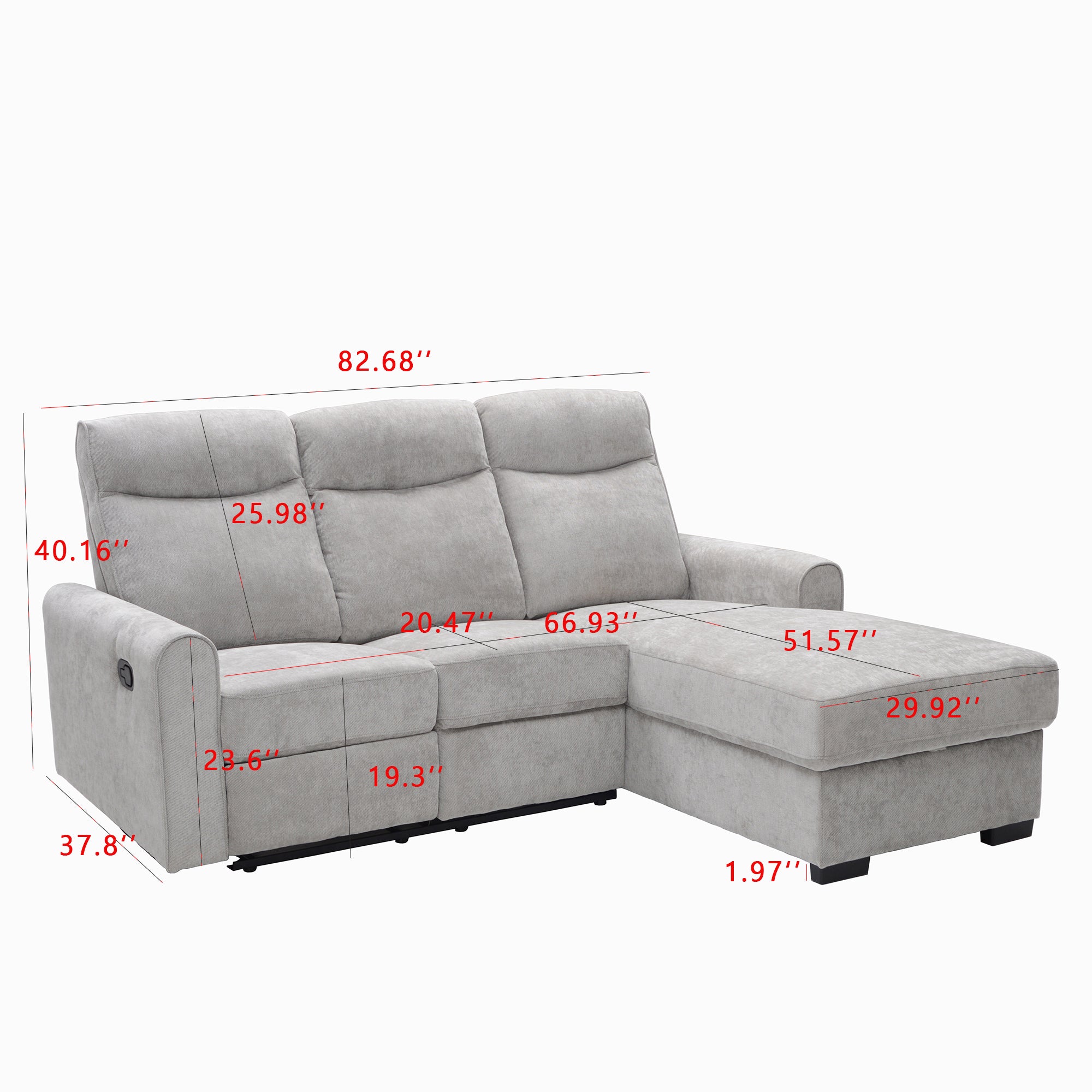Gray sectional sofa with dimensions marked on a white background