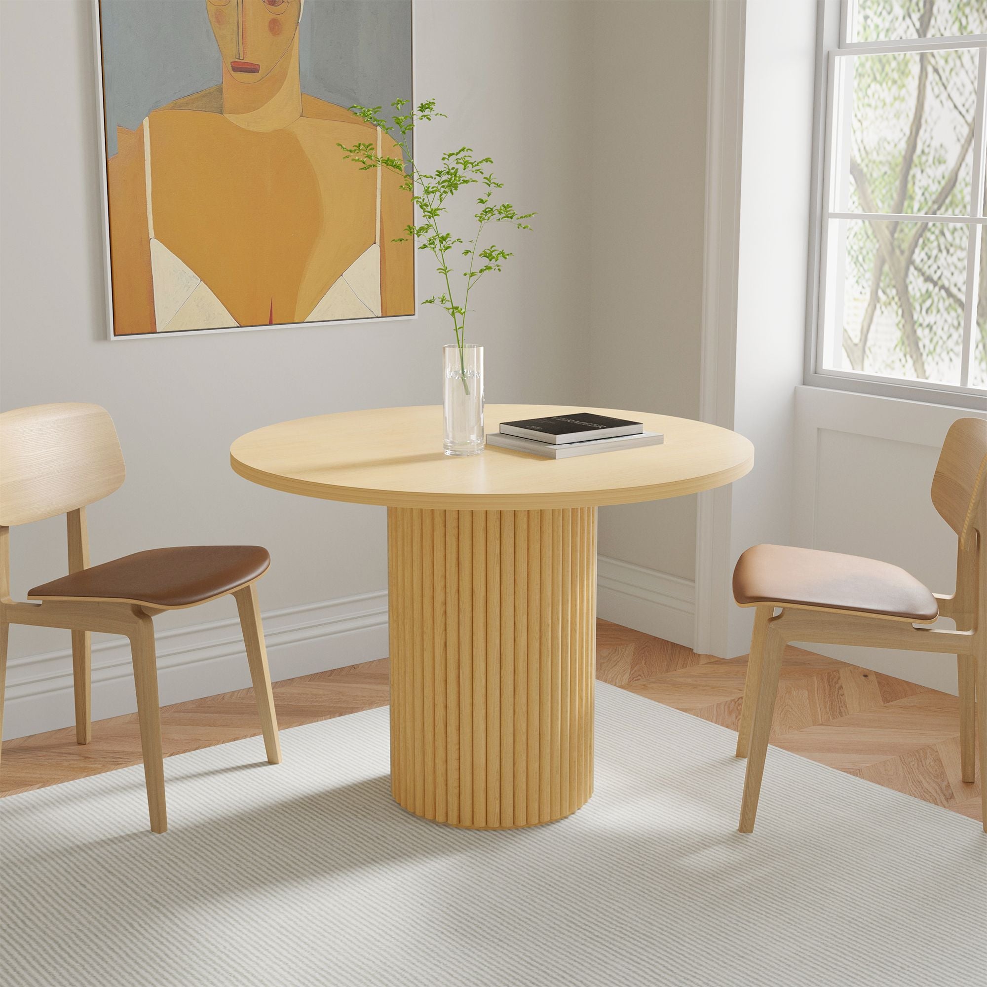 47″Round Dining Table Natural Wood Finished, with elegant Cylindrical Base