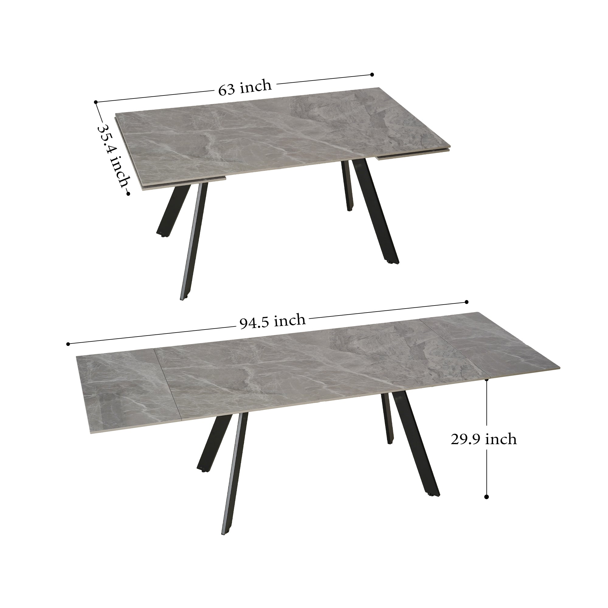 63″-95″ Extendable Sintered Stone Dining Table with Rectangular Top