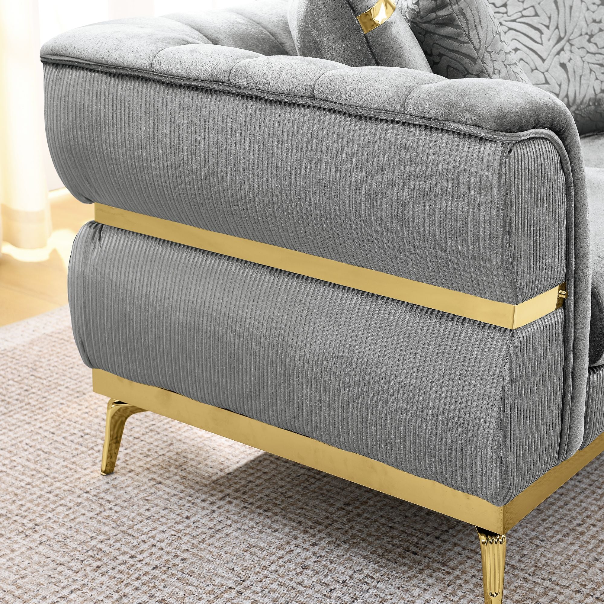 Velvet Chestfield Sofa Set In Gray