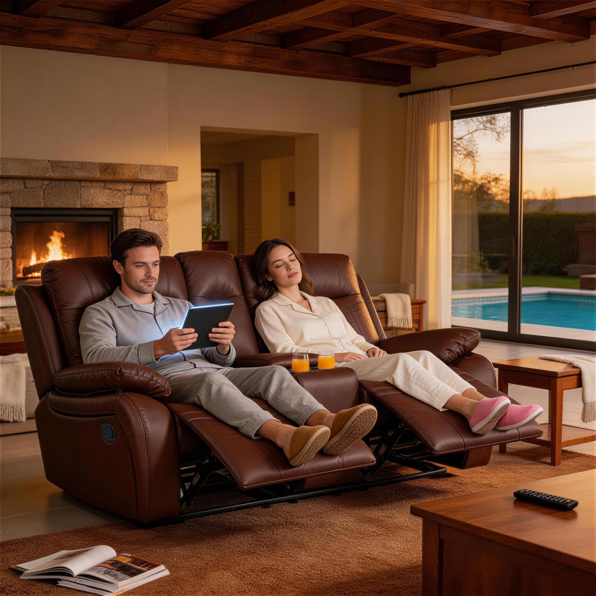 A man and a woman are sitting comfortably on the Evian Manual Recliner Loveseat, taking a rest.