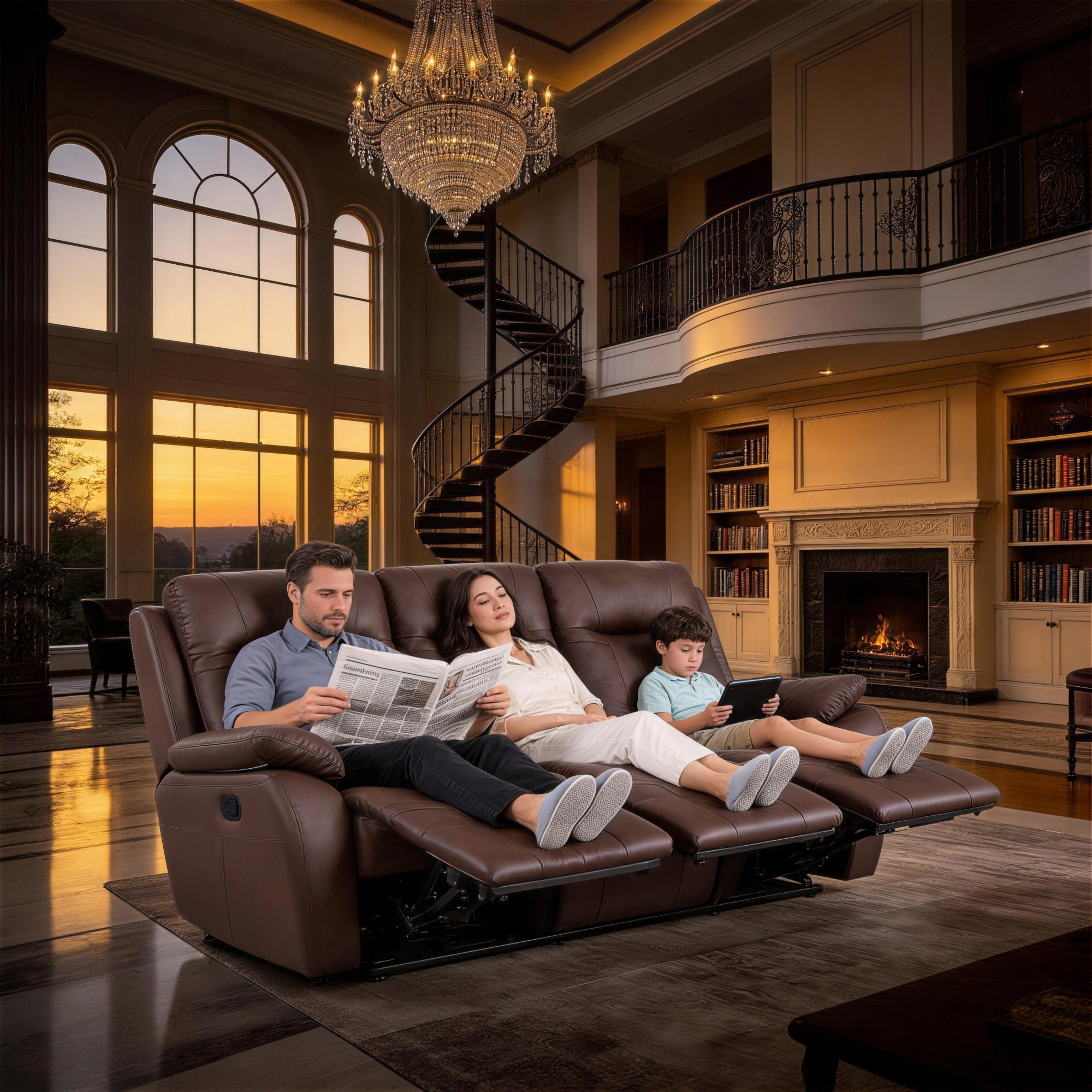 A family of three are sitting comfortably on the Evian Manual Recliner Sofa, taking a rest.