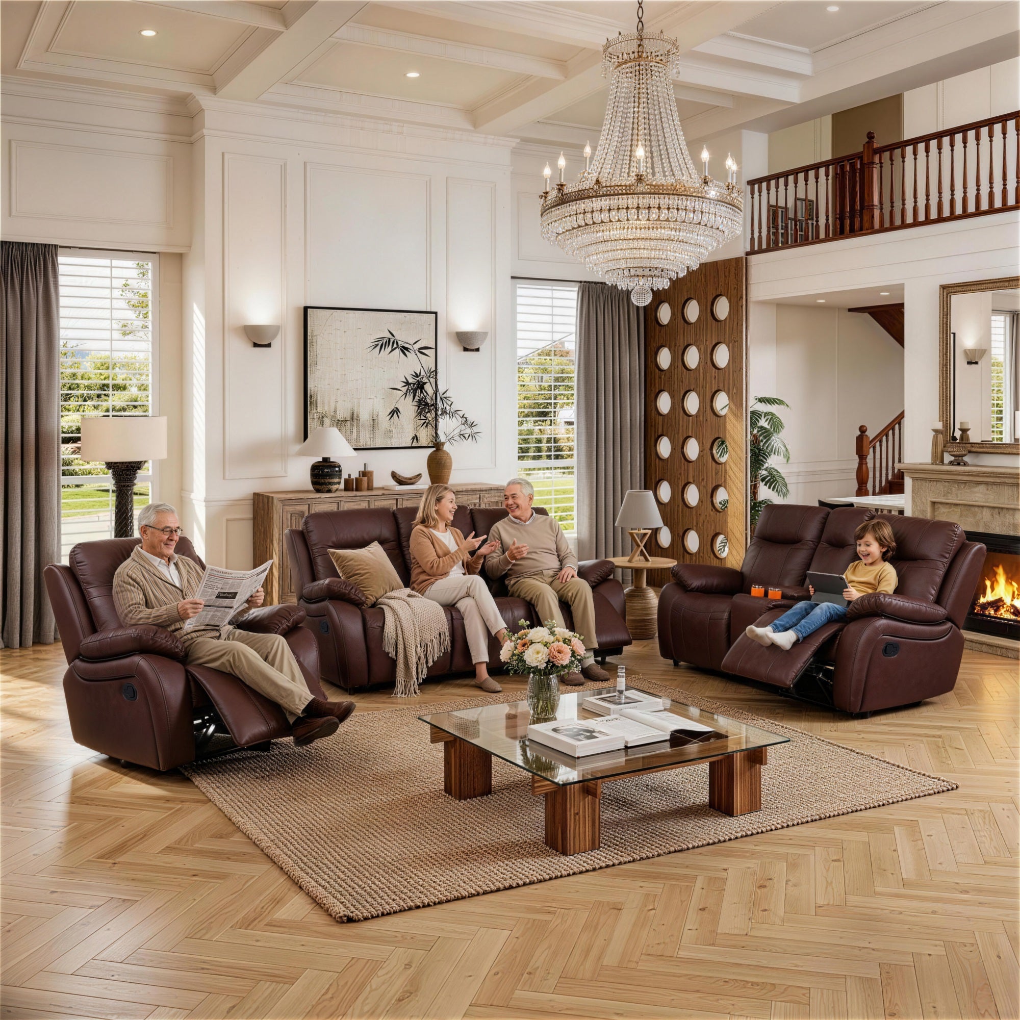 Family is sItting on the Evian Manual Recliner Sofa Set, chatting, reading newspapers and playing games.