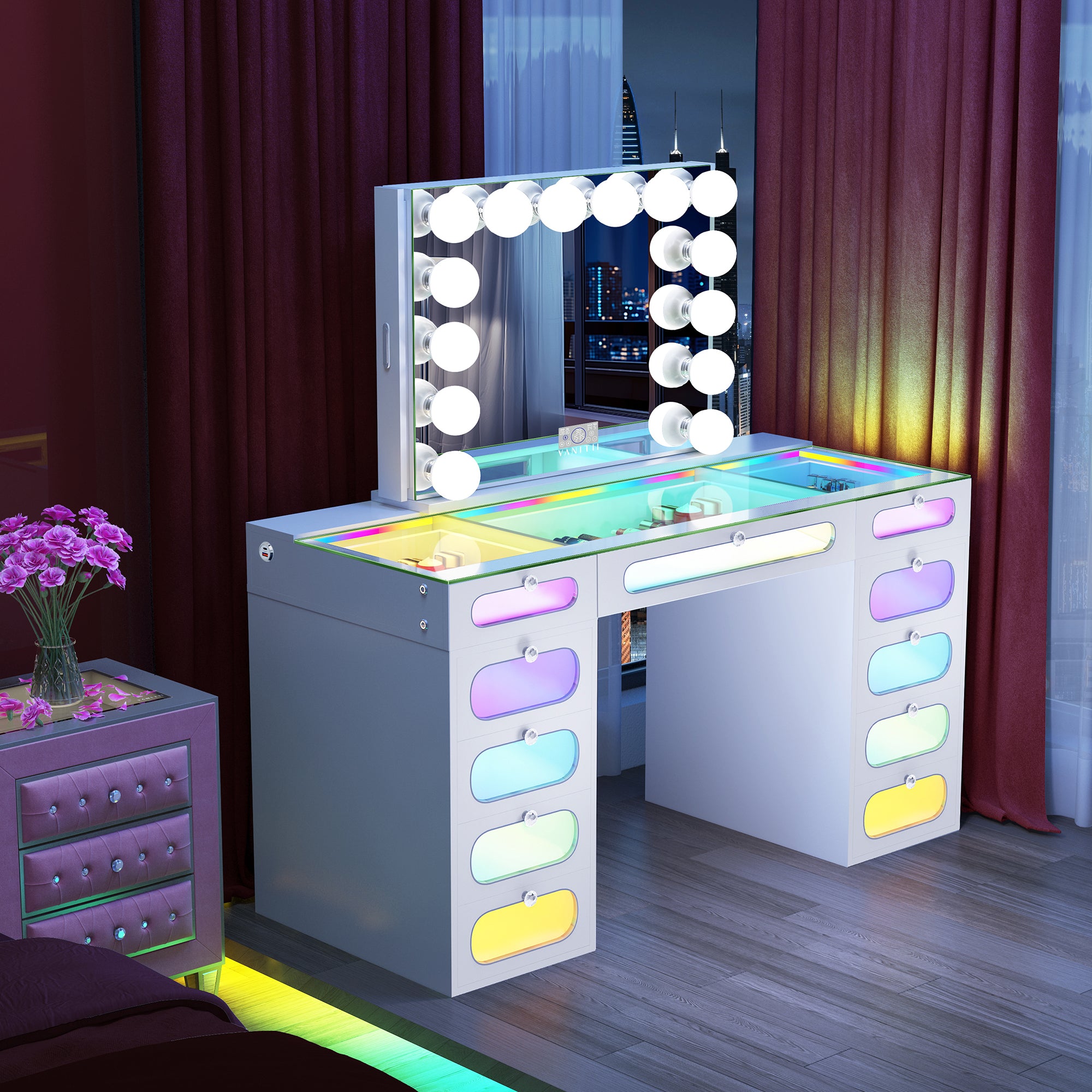 New Release ! VANITII Priscilla Vanity Set with Hollywood Vanity Mirror Pro with Jewelry Cabinet
