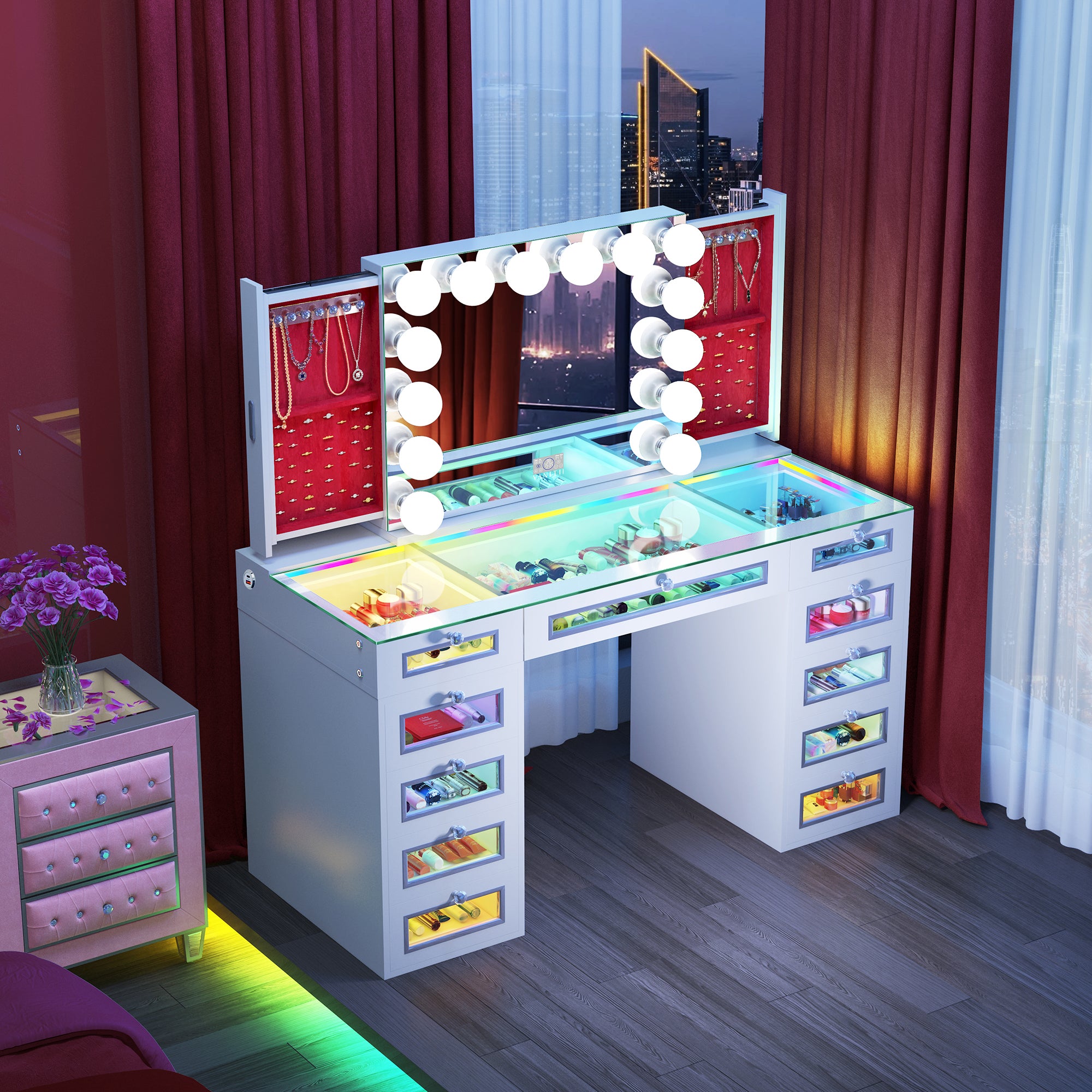 New Release ! VANITII Priscilla Vanity Set with Hollywood Vanity Mirror Pro with Jewelry Cabinet